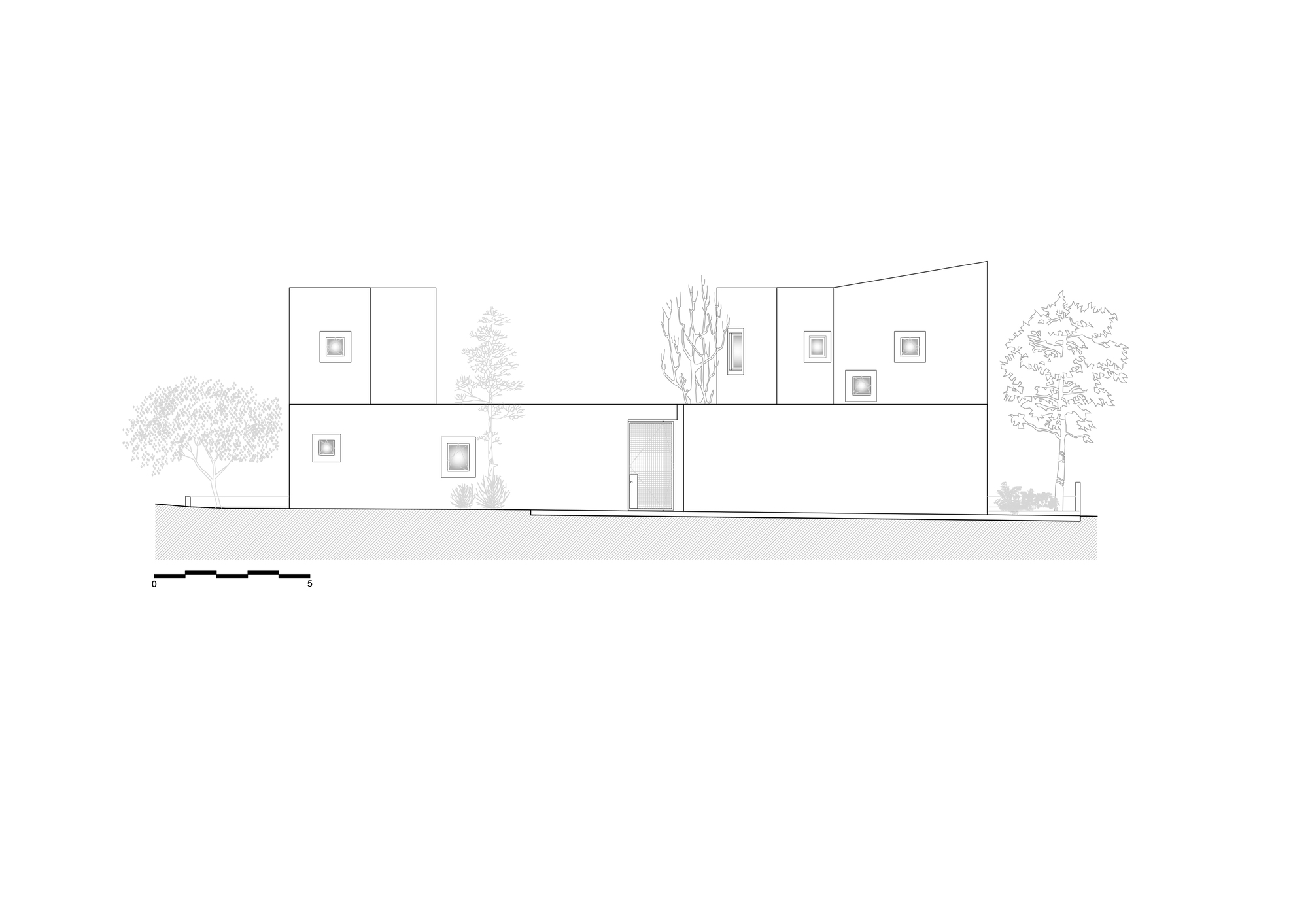 Elevation drawing of a low street wall with a single door between two stepped volumes with small square windows, framed by trees