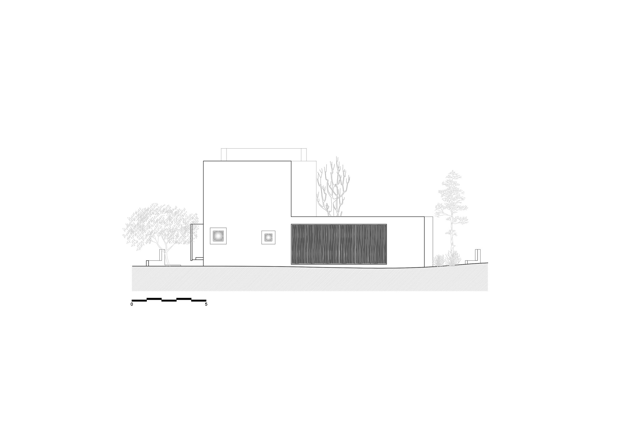 Side elevation drawing of a tall block beside a low wing with a slatted timber screen, with trees on both flanks
