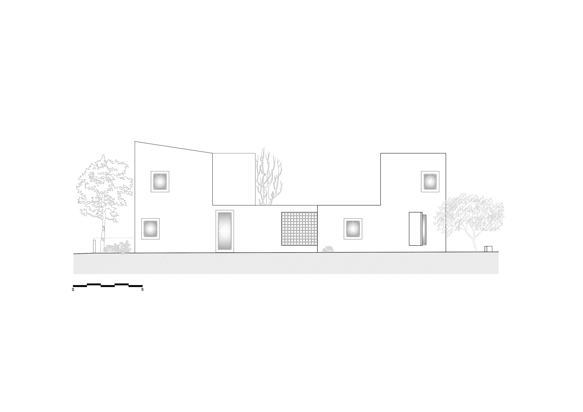 Elevation drawing of the courtyard side, with a perforated block screen, a tall door and square windows in staggered white volumes