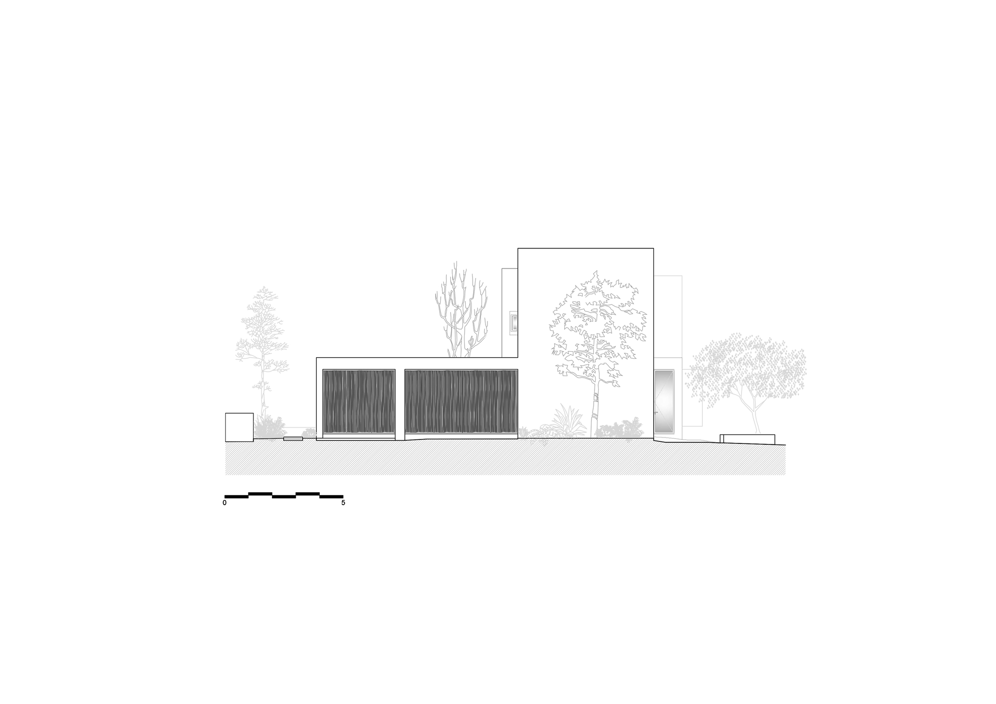 Elevation drawing of a low wing with two slatted panels beside a tall block, with a large leafy tree in front