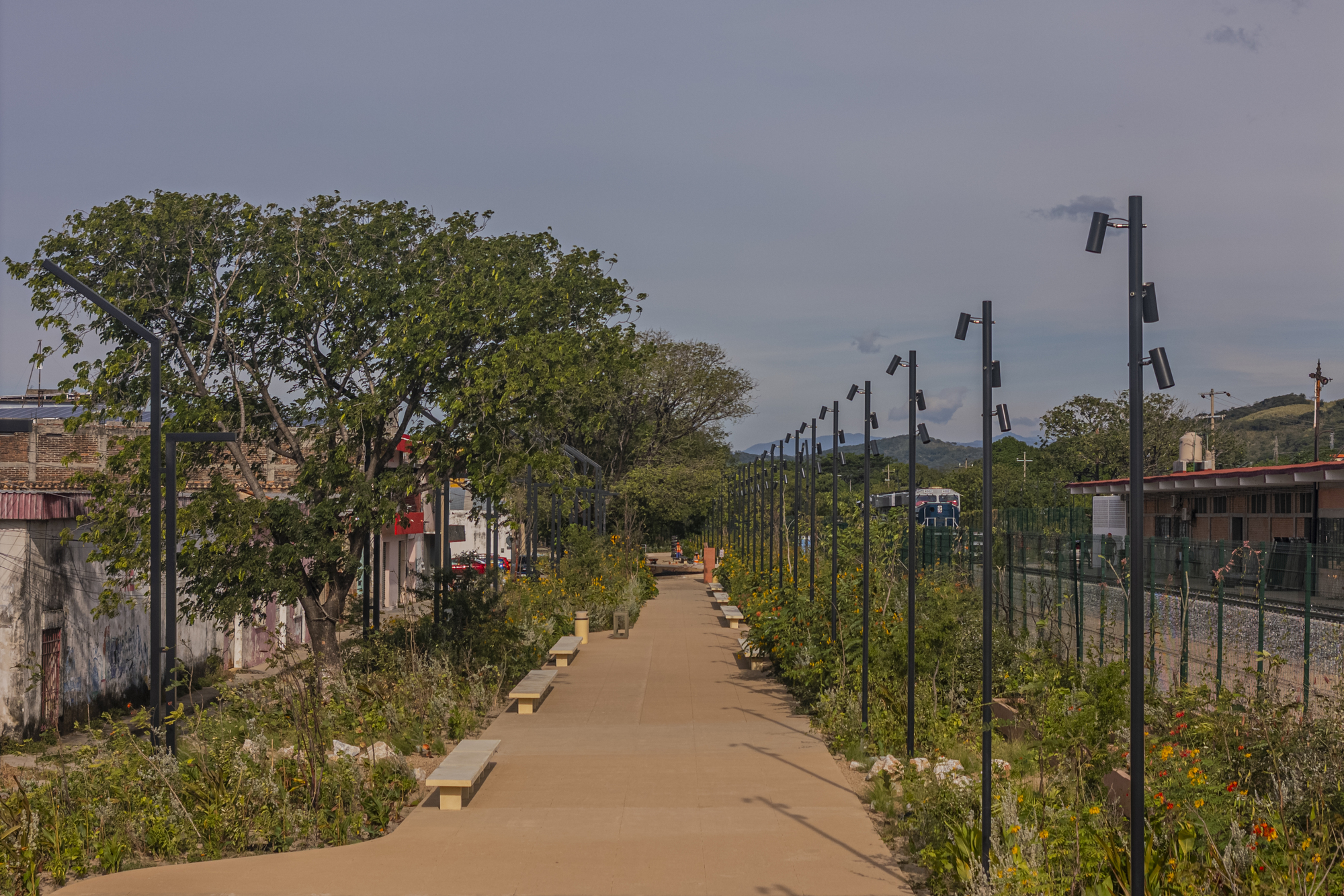 Pedestrian path lined with concrete benches, tall black lamp posts and wildflower planting beside a fenced rail line at dusk