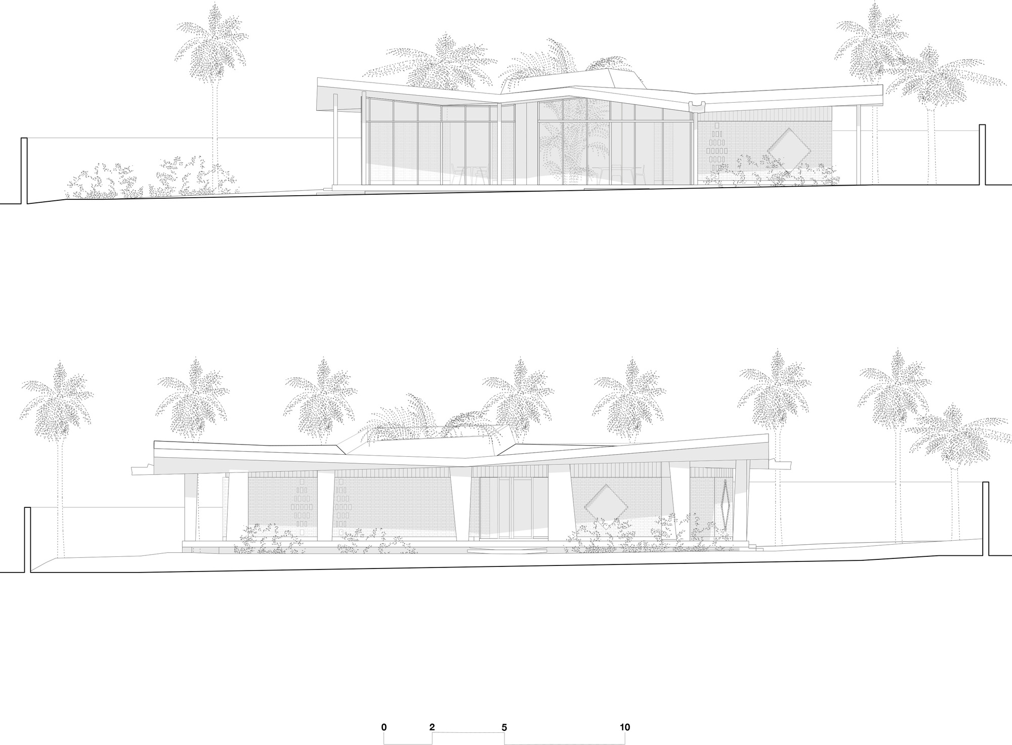 Two elevation drawings of a low pavilion with folded roof, glazed walls and diamond-patterned screen blocks among tall palms