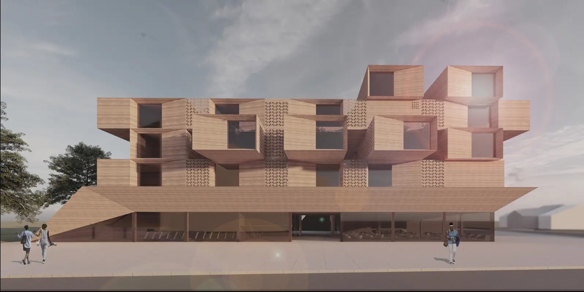 Front elevation of stacked timber boxes with perforated screens above a glazed ground floor, with pedestrians crossing the paved forecourt. Image: Katarzyna Skibińska, Justyna Kościółek