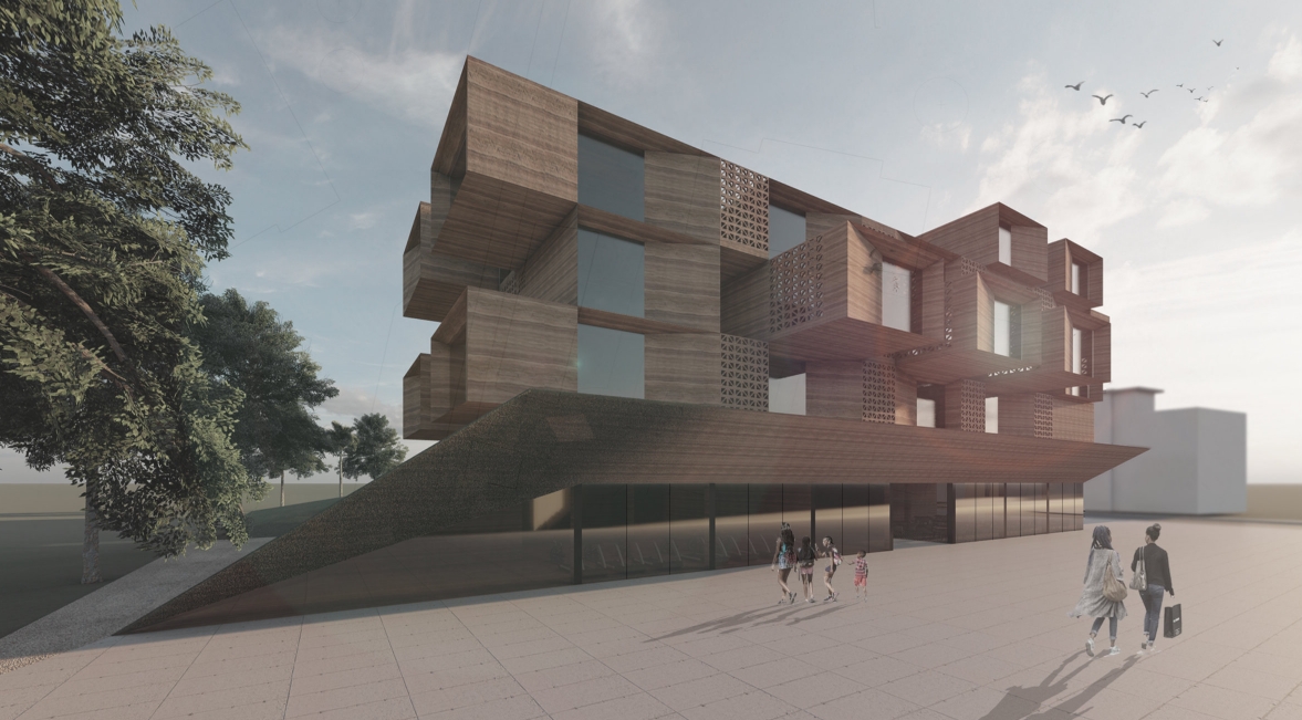 Corner view of the cantilevered timber volumes and sloping canopy roof, with a family and two walkers crossing the plaza beneath a tree. Image: Katarzyna Skibińska, Justyna Kościółek