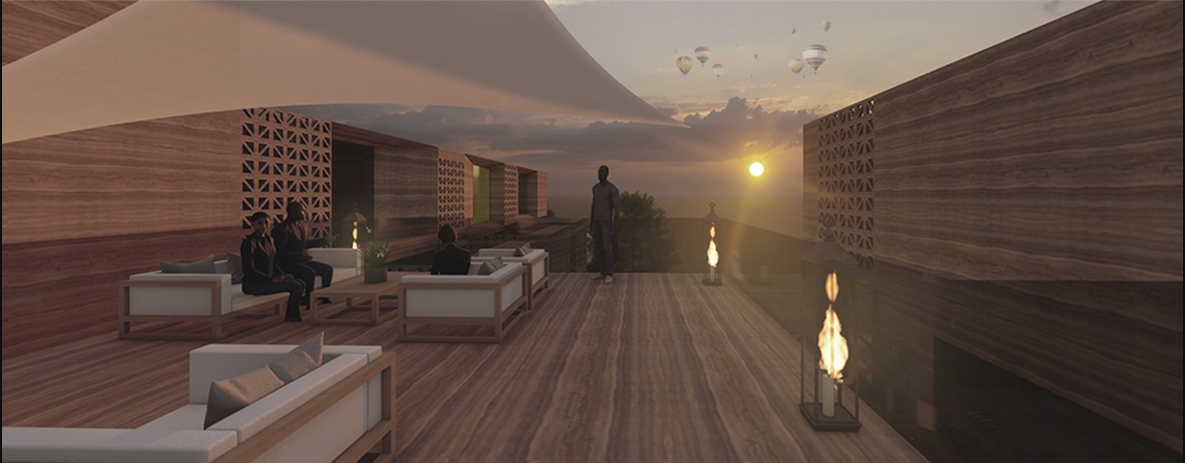 Rooftop timber terrace with lounge seating, perforated brick screens and gas lanterns at sunset, with hot air balloons in the sky. Image: Katarzyna Skibińska, Justyna Kościółek