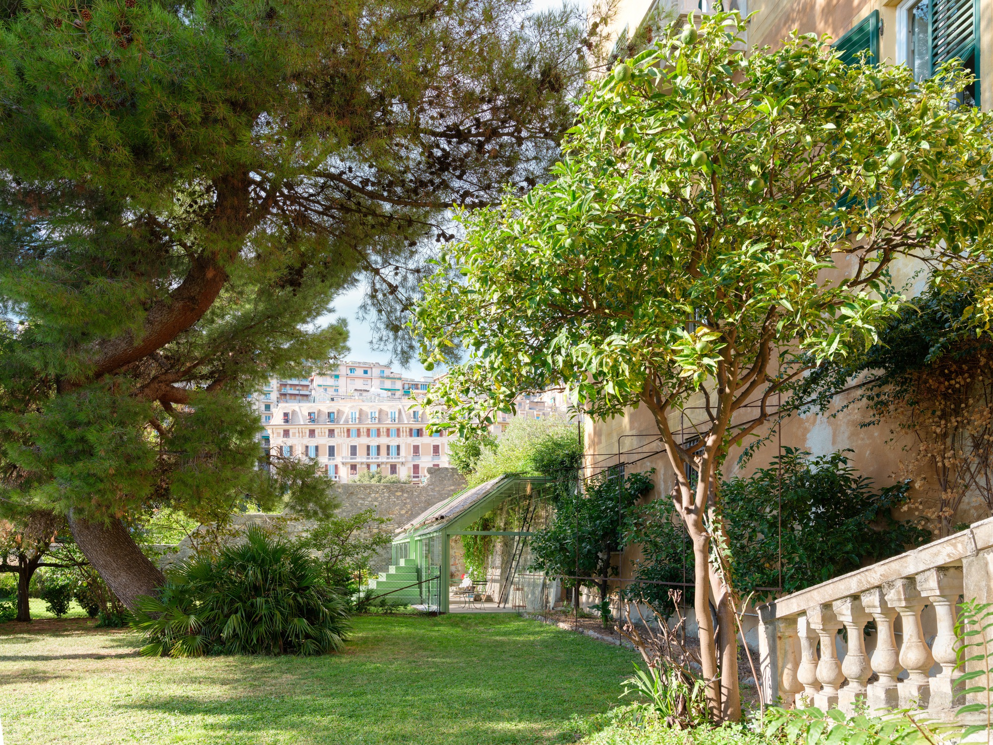 Distant view of the small green glass pavilion across a lawn, framed by a pine, a citrus tree and a stone balustrade