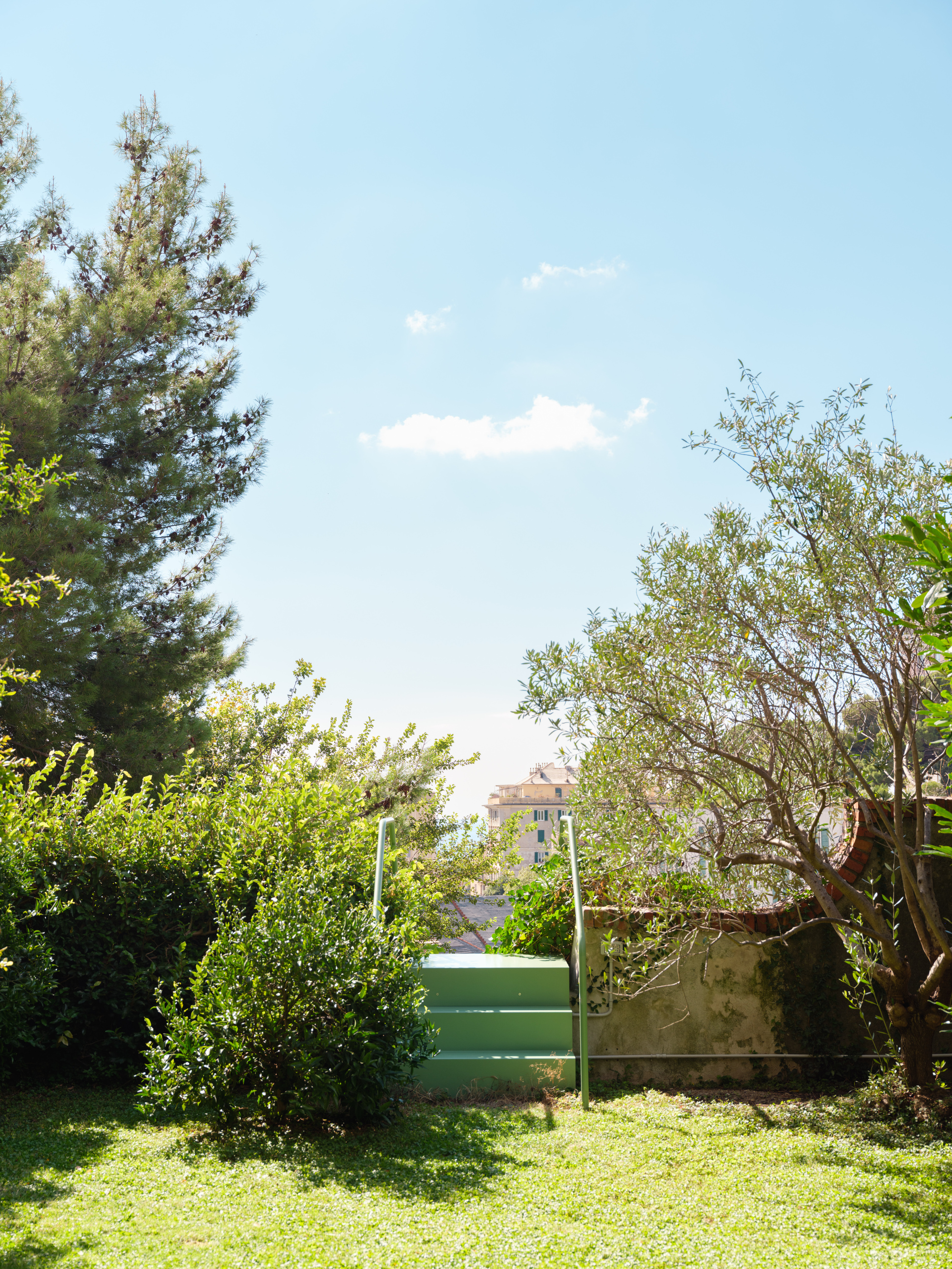 Pale green stair with thin handrails rising from a sunlit lawn toward a stone wall and olive tree