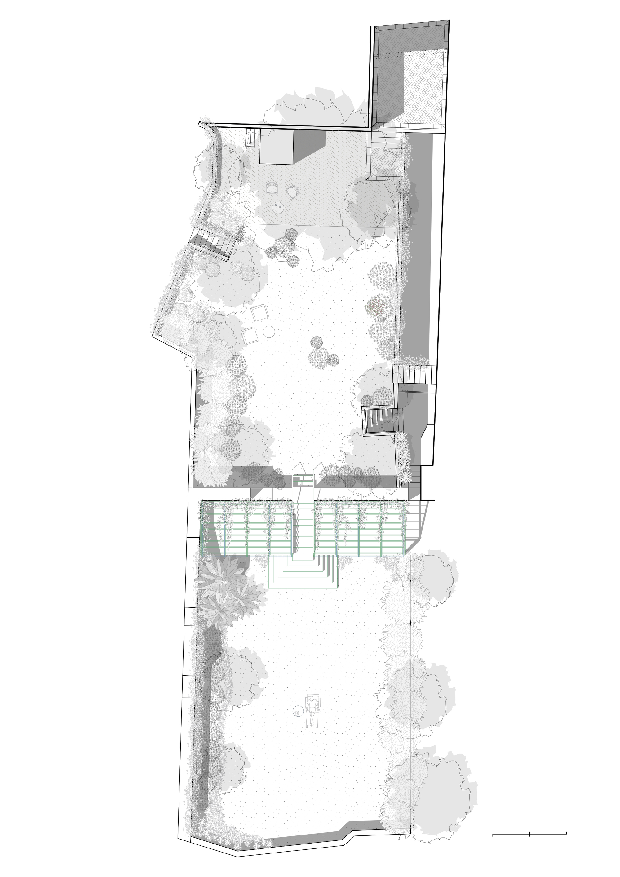 Site plan drawing of a long garden with tree canopies, paths and a green-lined pavilion pair crossing the middle of the plot
