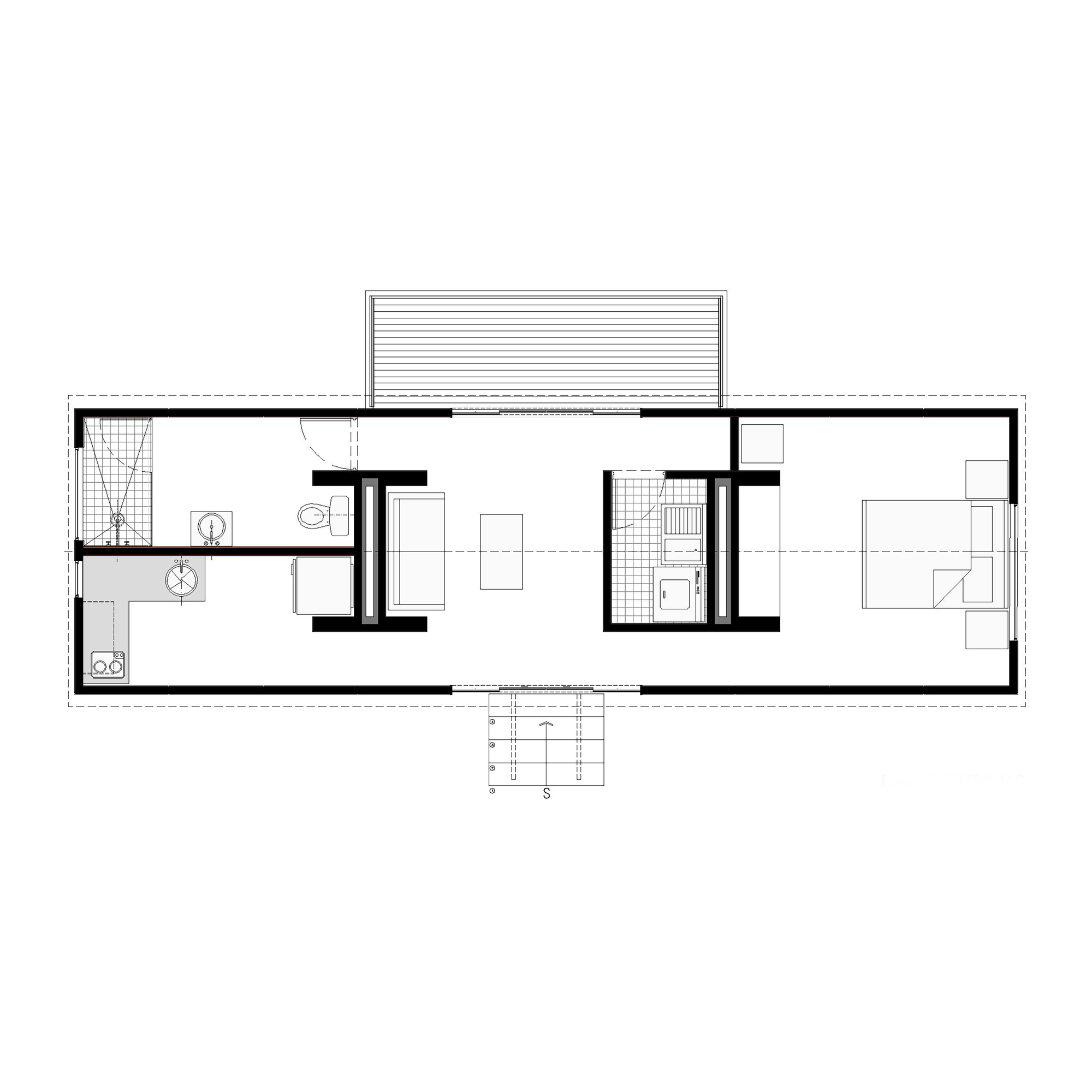 Floor plan drawing of an elongated cabin with bathroom and kitchen at one end, central living area and bedroom at the other