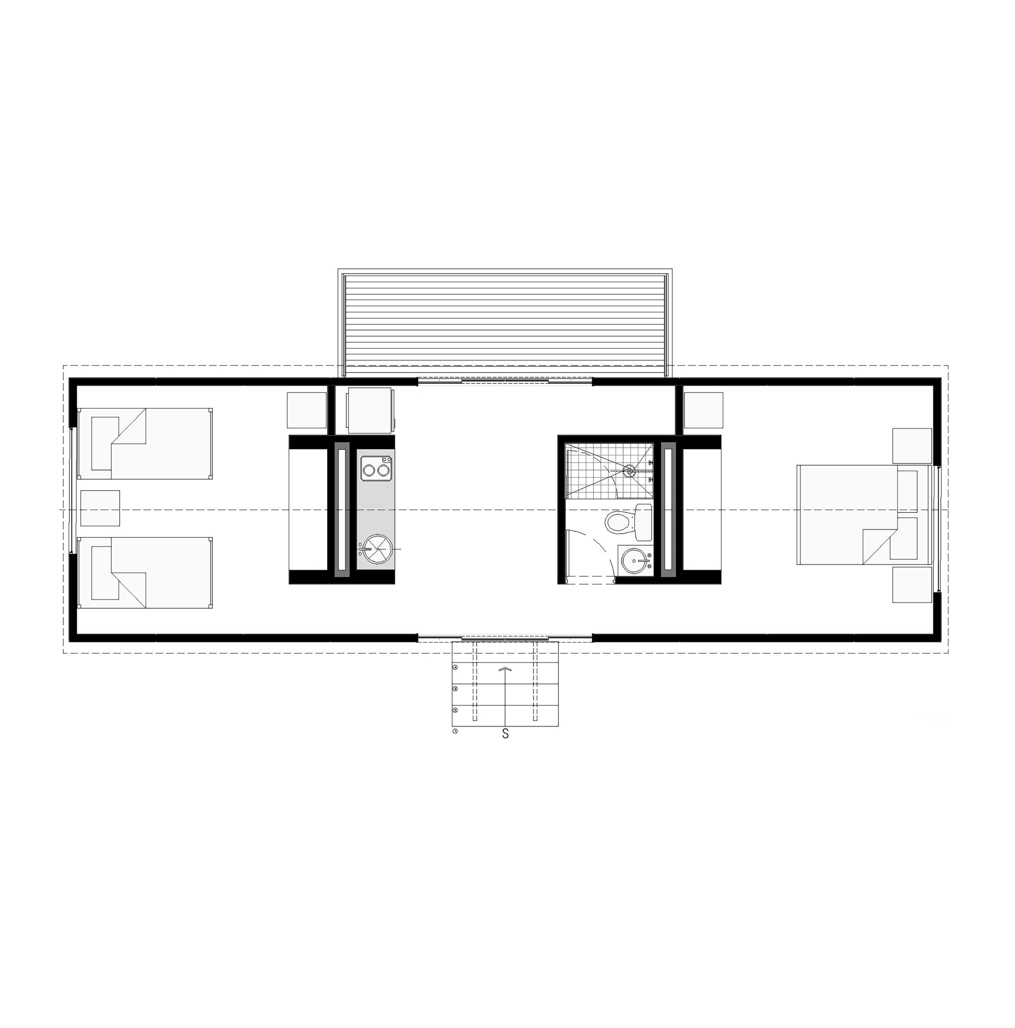 Floor plan drawing of an elongated cabin with two single beds, a central kitchen core, a bathroom block and a double bedroom
