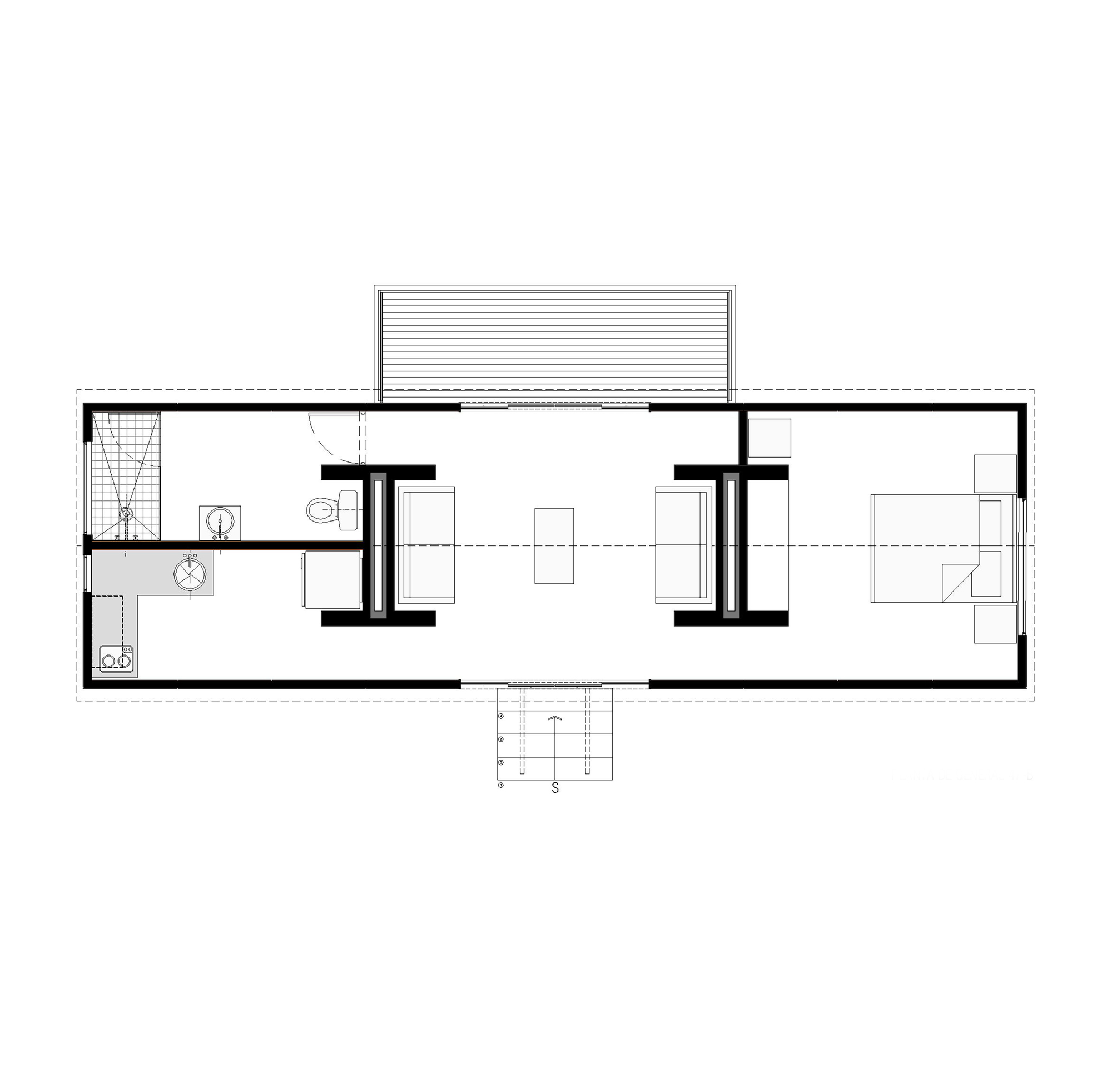 Floor plan drawing of an elongated cabin with bathroom and kitchen, two facing sofas around a table and a double bedroom