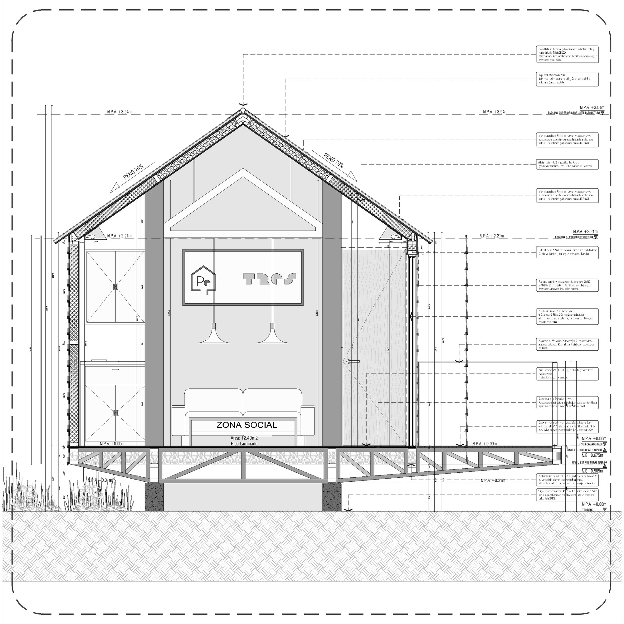 Cross-section drawing of a gabled cabin on a raised truss floor, showing a sofa in the social zone and a pitched roof