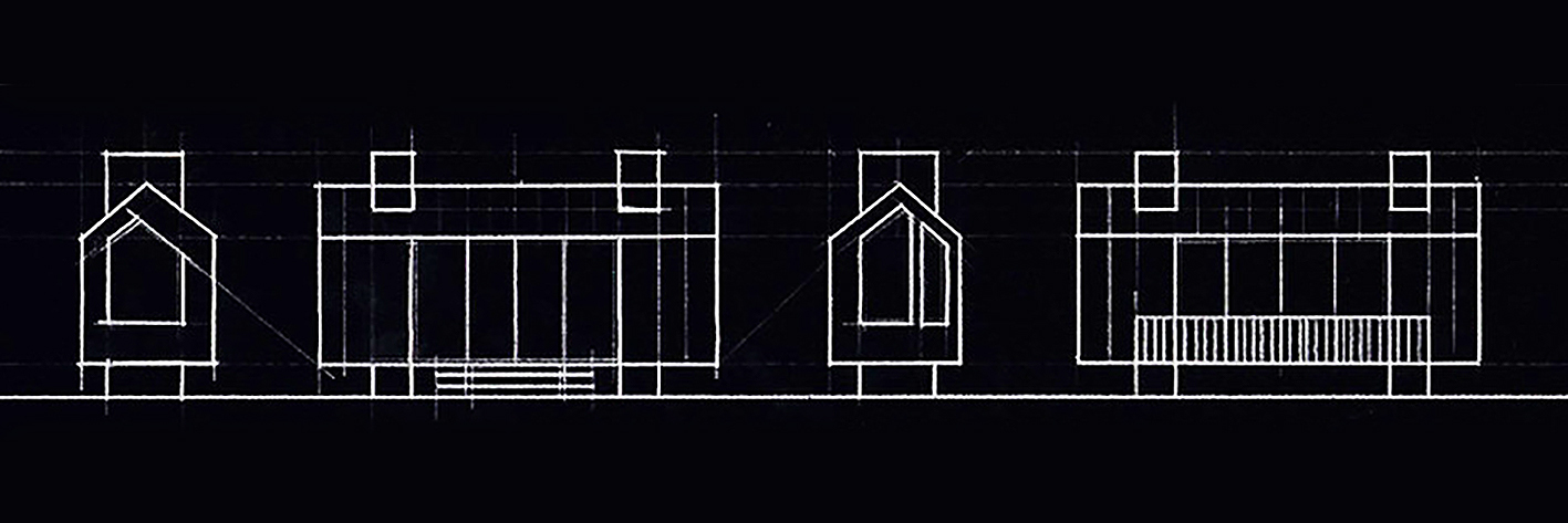 Elevation sketch in white line on black showing gabled end views and long side facades with chimney-like boxes and steps