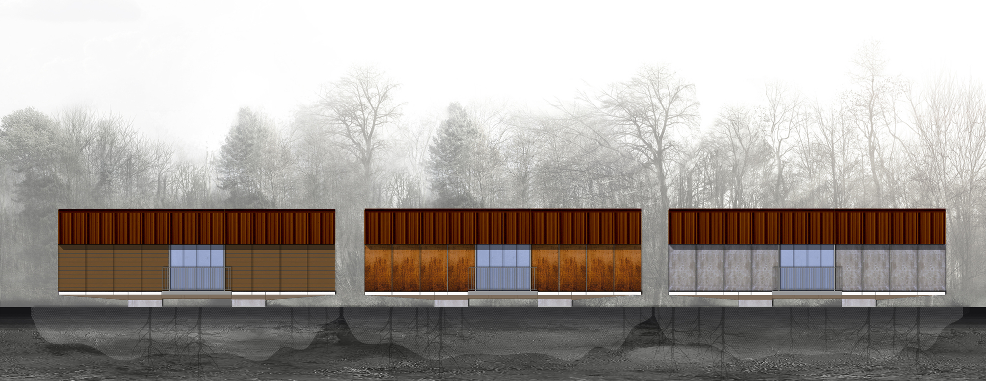 Elevation rendering of three box-shaped cabins with rust-red roof bands and glazed centers, set before bare trees in mist