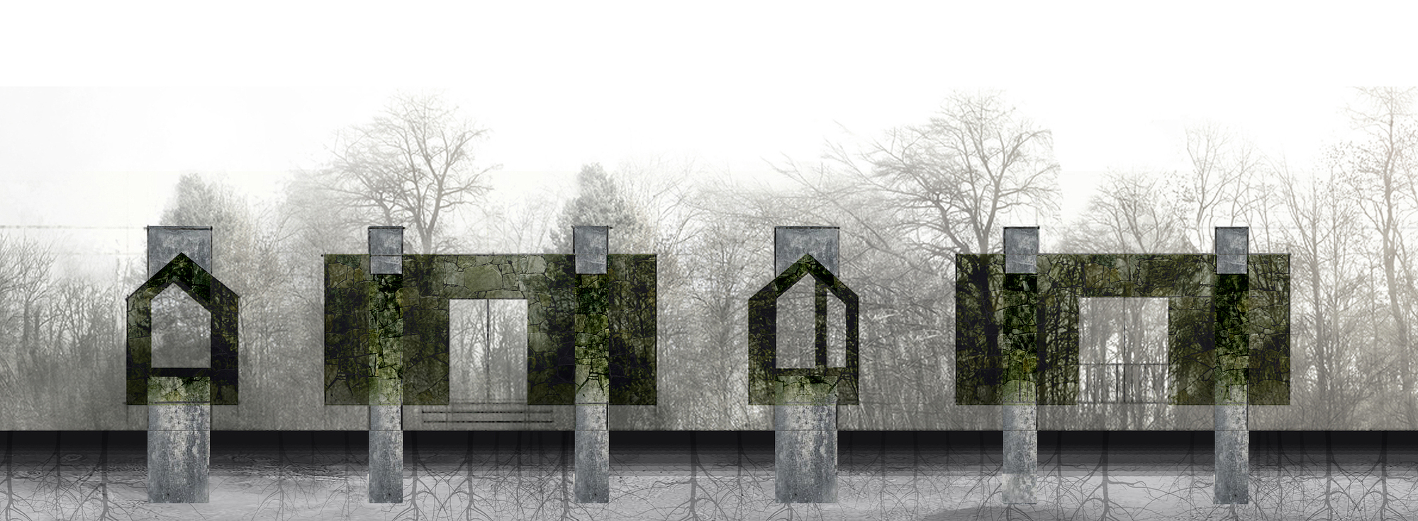 Elevation collage of house-shaped and rectangular openings framed in moss-green panels, raised on concrete piers above visible tree roots