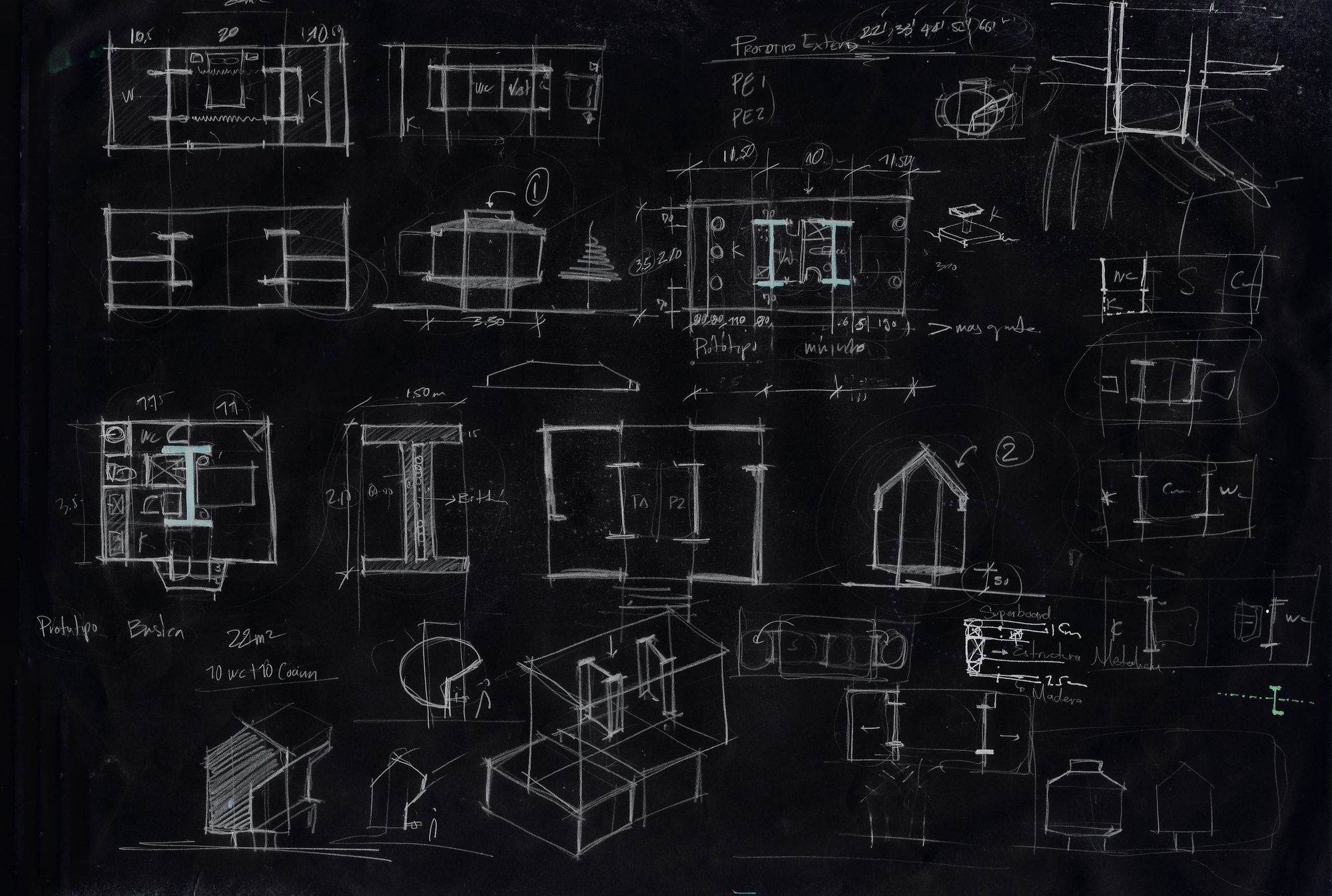 Chalkboard sheet of sketched plans, sections and axonometric studies for a small prototype cabin with steel I-beam columns