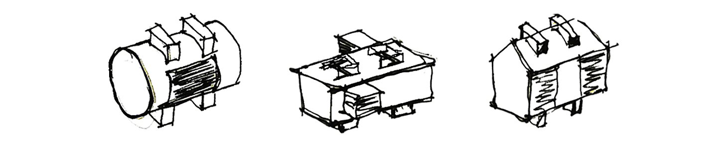 Three axonometric sketches comparing a cylindrical volume, a flat-roofed box and a gabled form, each with paired roof projections
