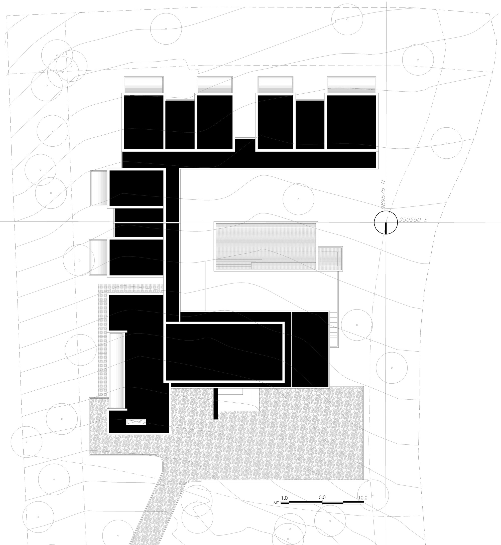 Site plan drawing with solid black building footprints, contour lines, scattered trees and a pool outline on a sloping lot