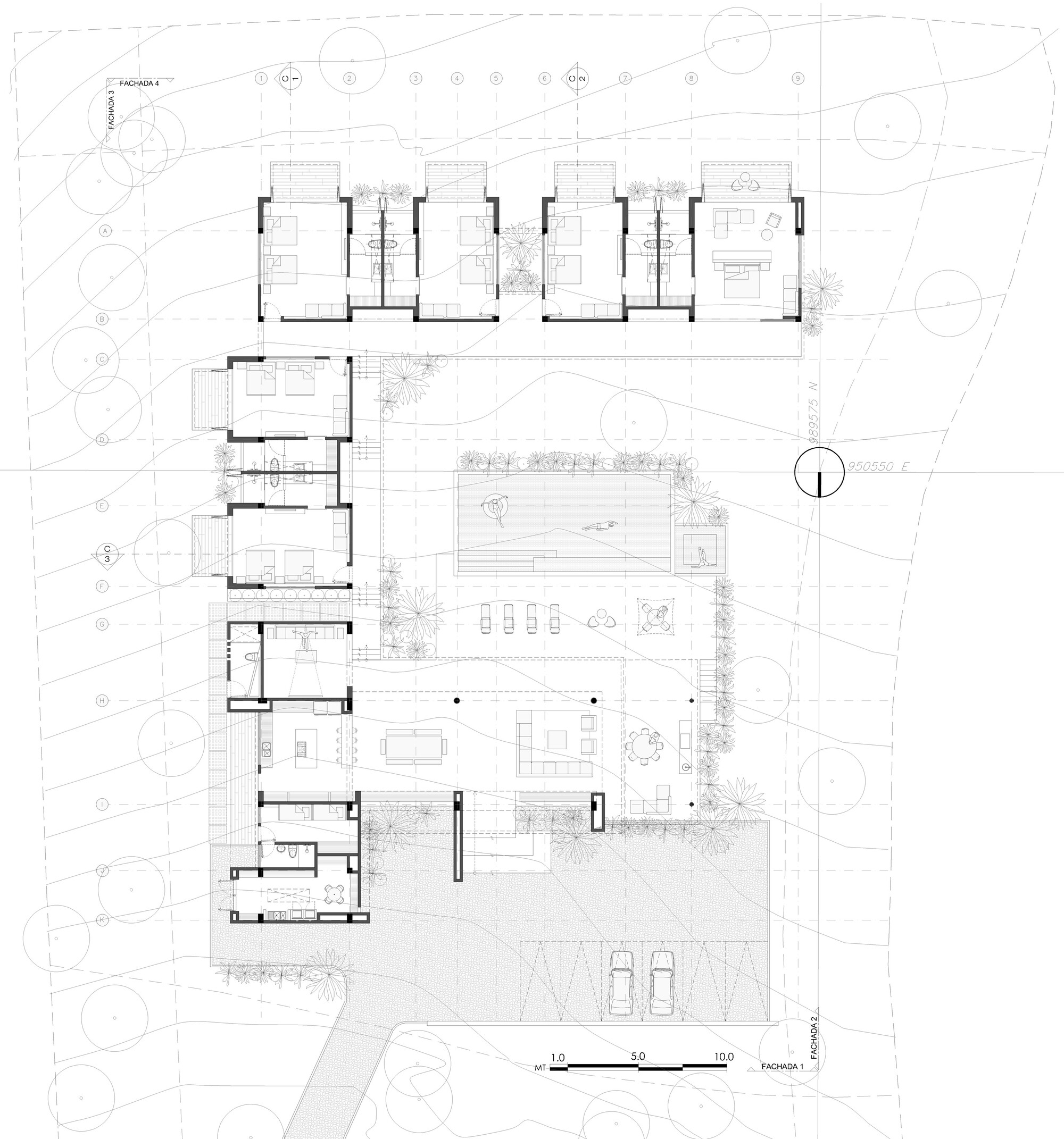 Floor plan drawing showing a row of bedroom suites, a central pool terrace, living areas and a parking court with two cars