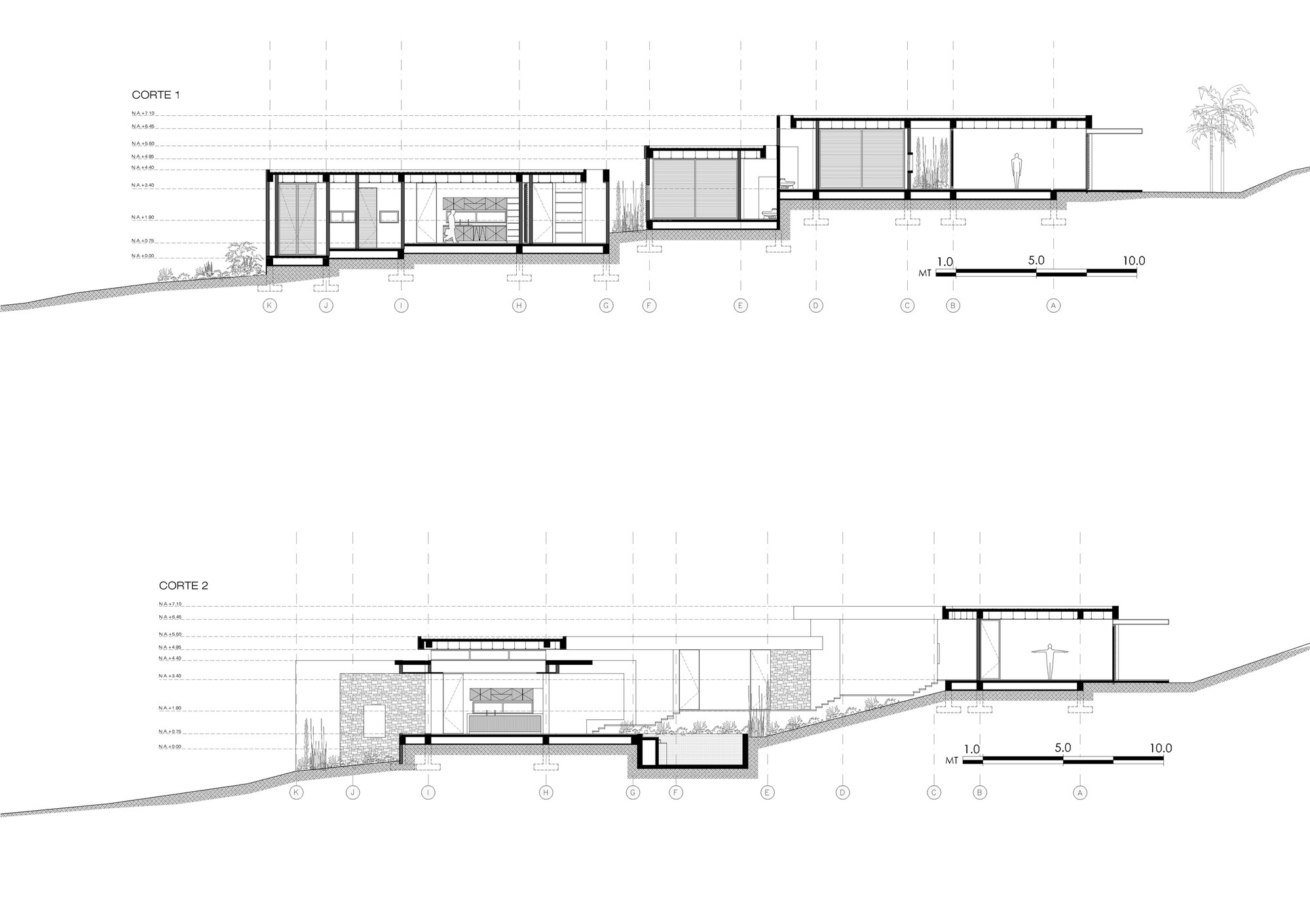 Two section drawings cutting through the stepped house, showing floor levels descending along a steep hillside with a palm at right