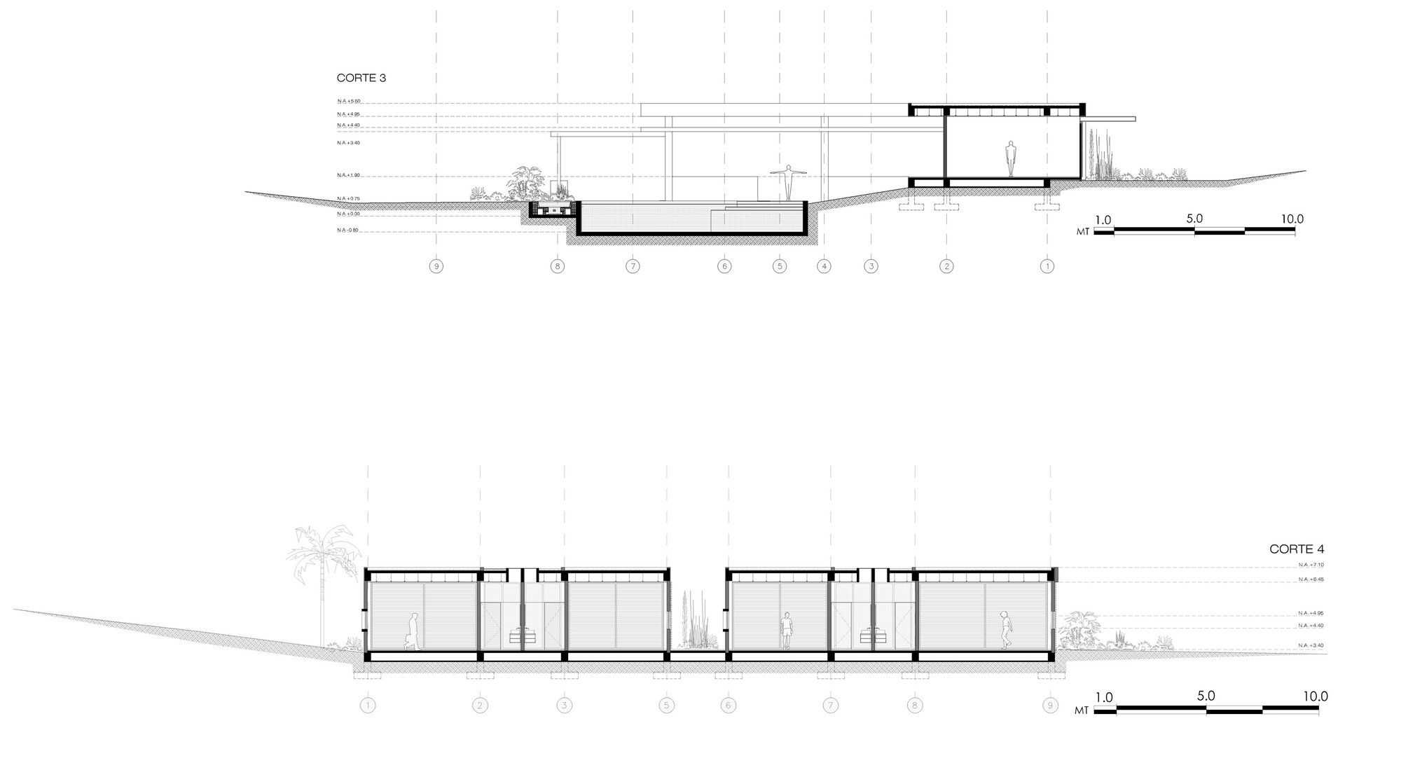 Two section drawings, one through the sunken pool and terraces, one through the row of four bedroom pavilions with figures inside