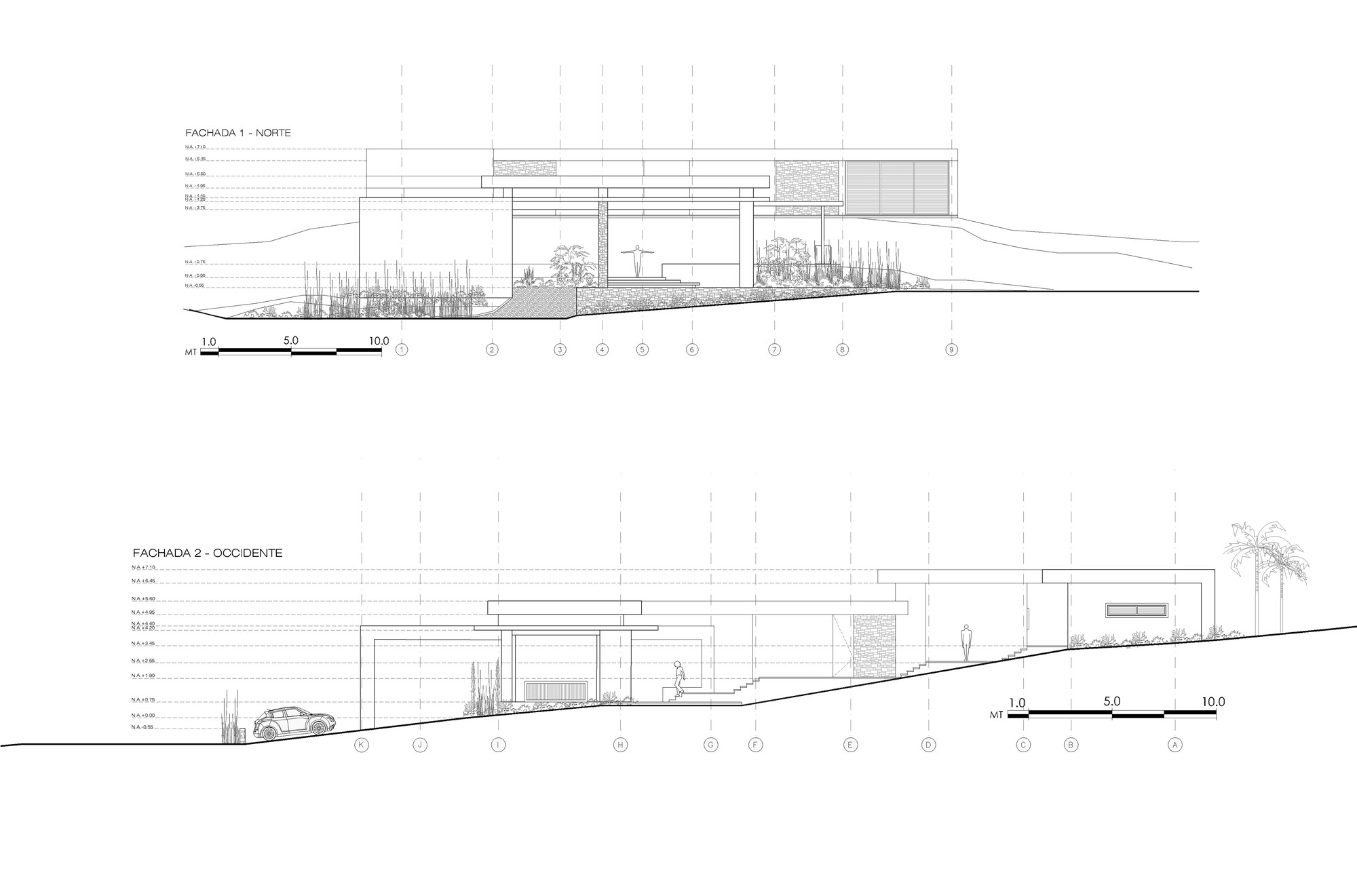 Two elevation drawings, north and west, showing the terraced house on a slope with planting and a parked car