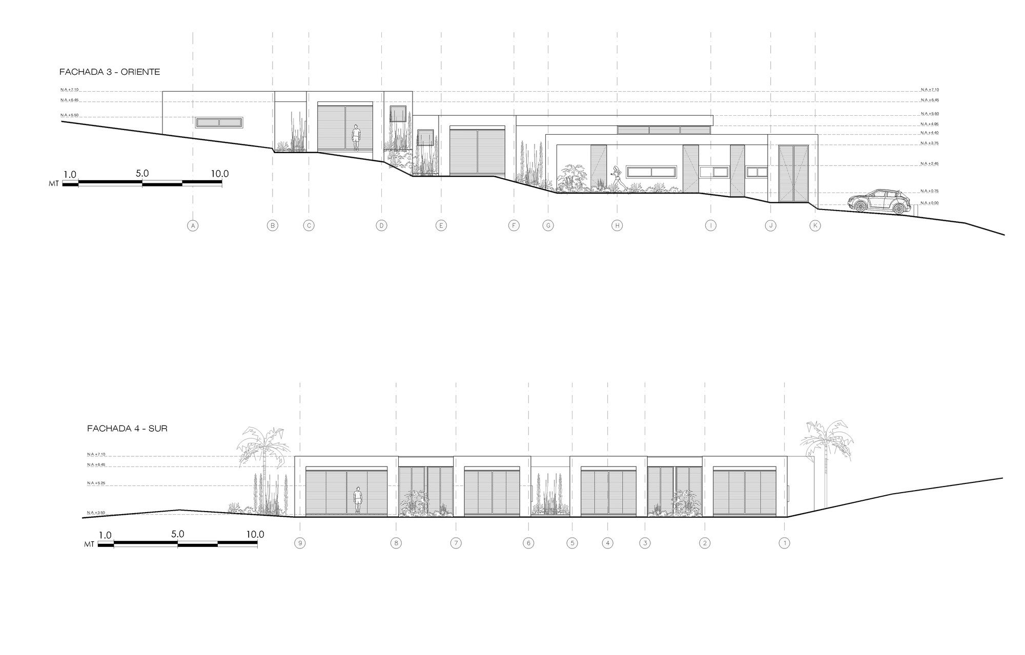 Two elevation drawings, east and south, showing shuttered openings along the stepped roofline and the row of bedroom pavilions with palms
