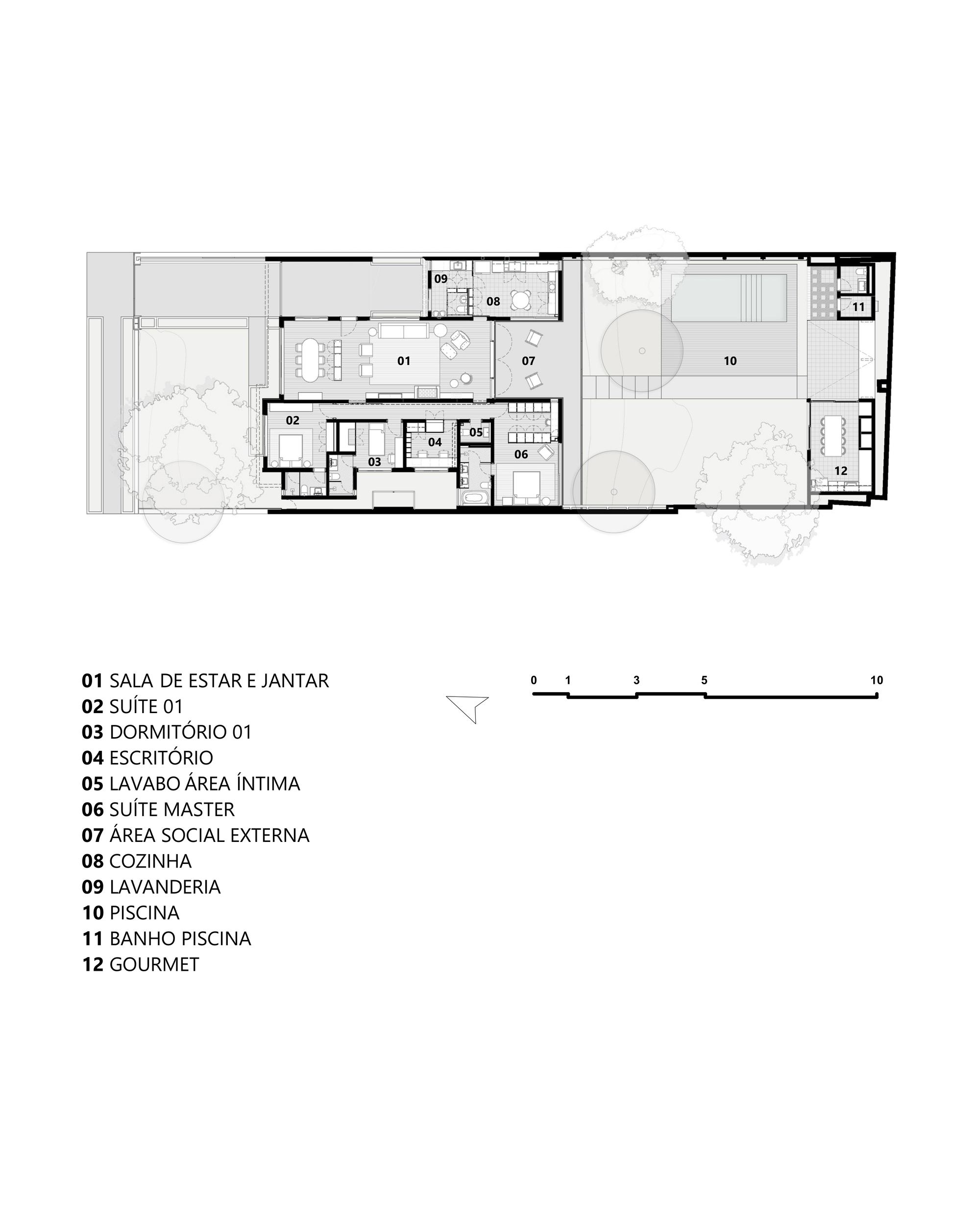 Floor plan drawing with labeled rooms: living and dining area, suites, kitchen, laundry, and a pool and outdoor lounge area beside trees