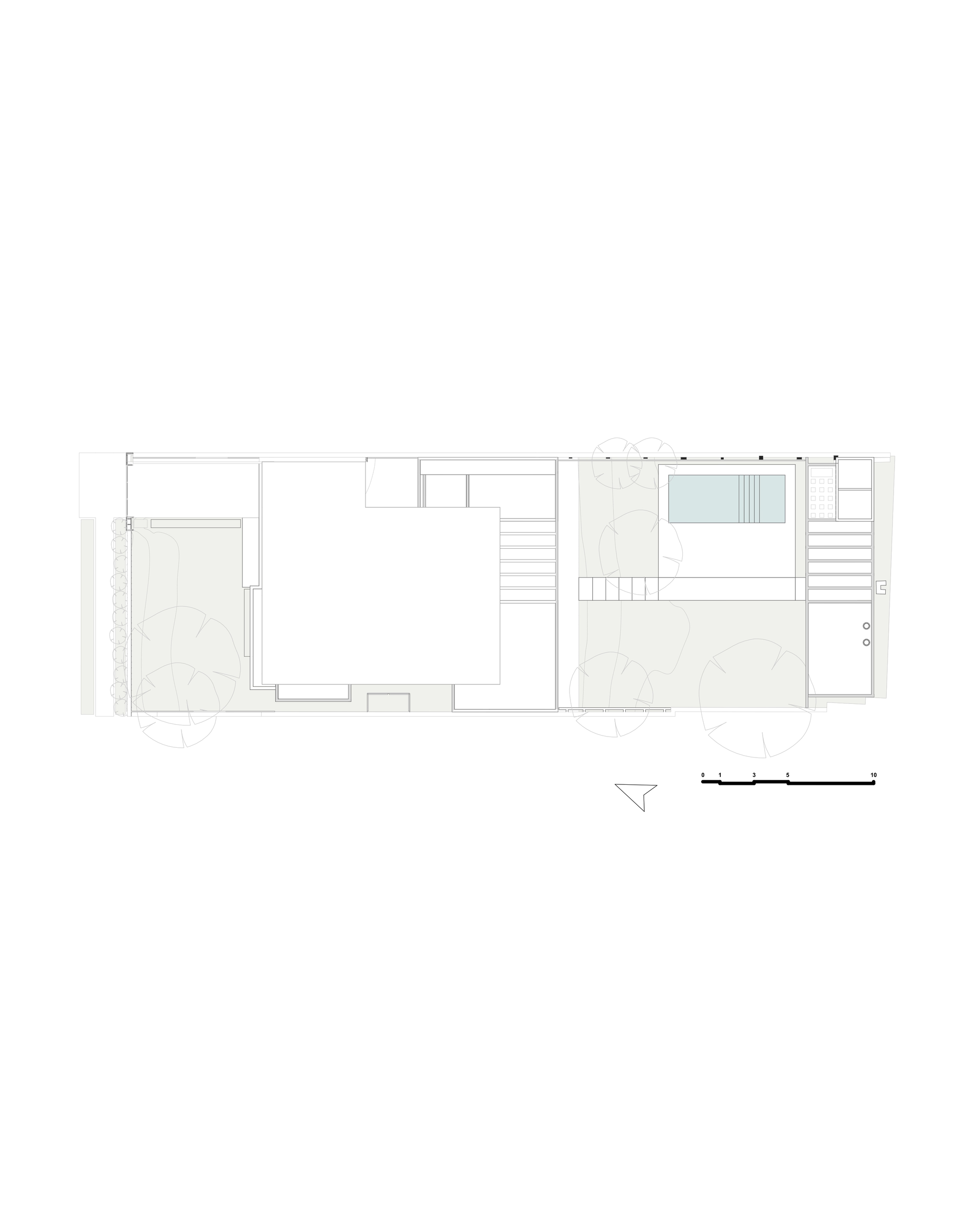 Roof plan drawing showing the large central roof volume, a rectangular pool, stepped terraces and tree canopies across a long narrow site