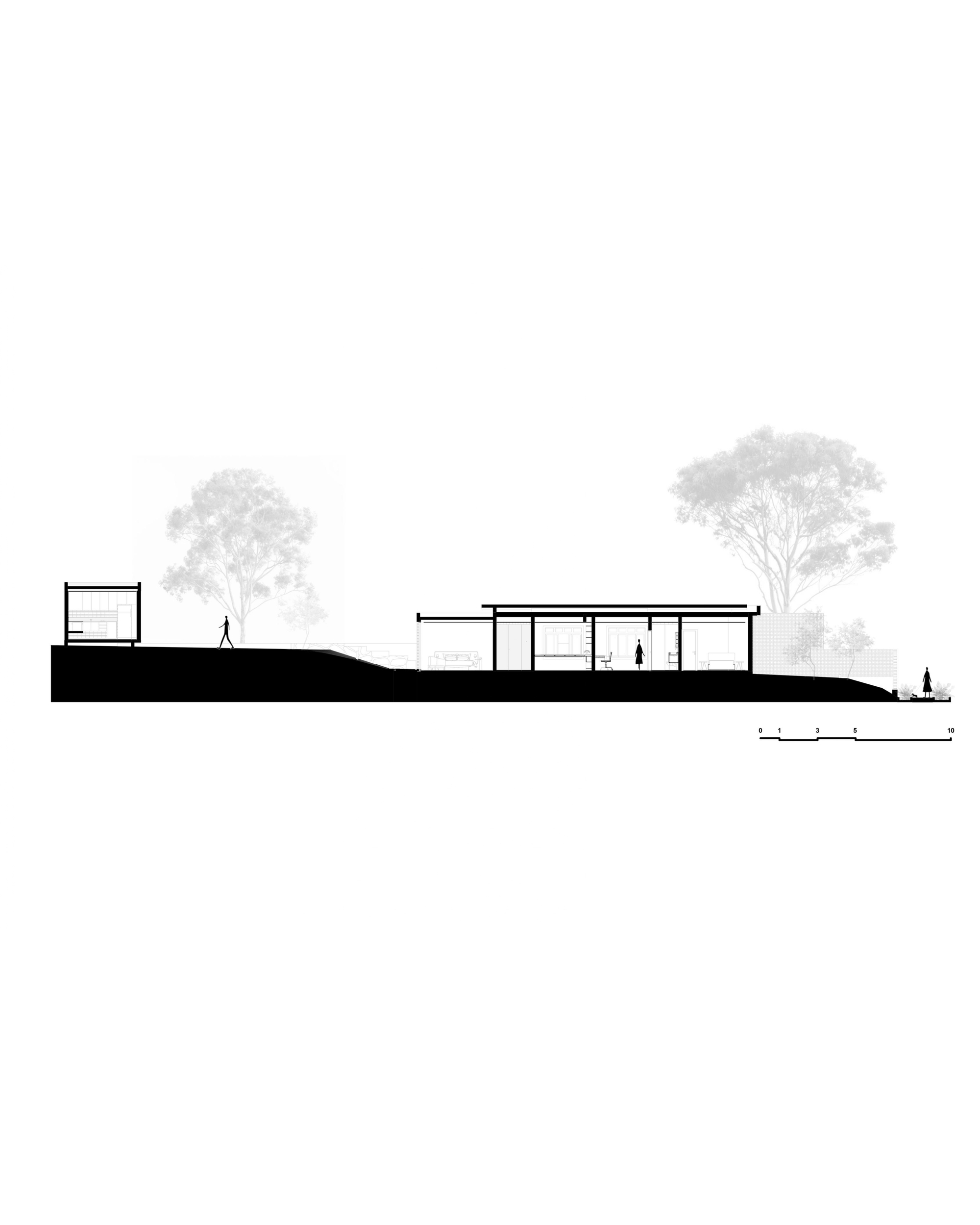 Long section drawing of a single-storey pavilion on a sloping site, with a small volume uphill, human figures and tall eucalyptus trees