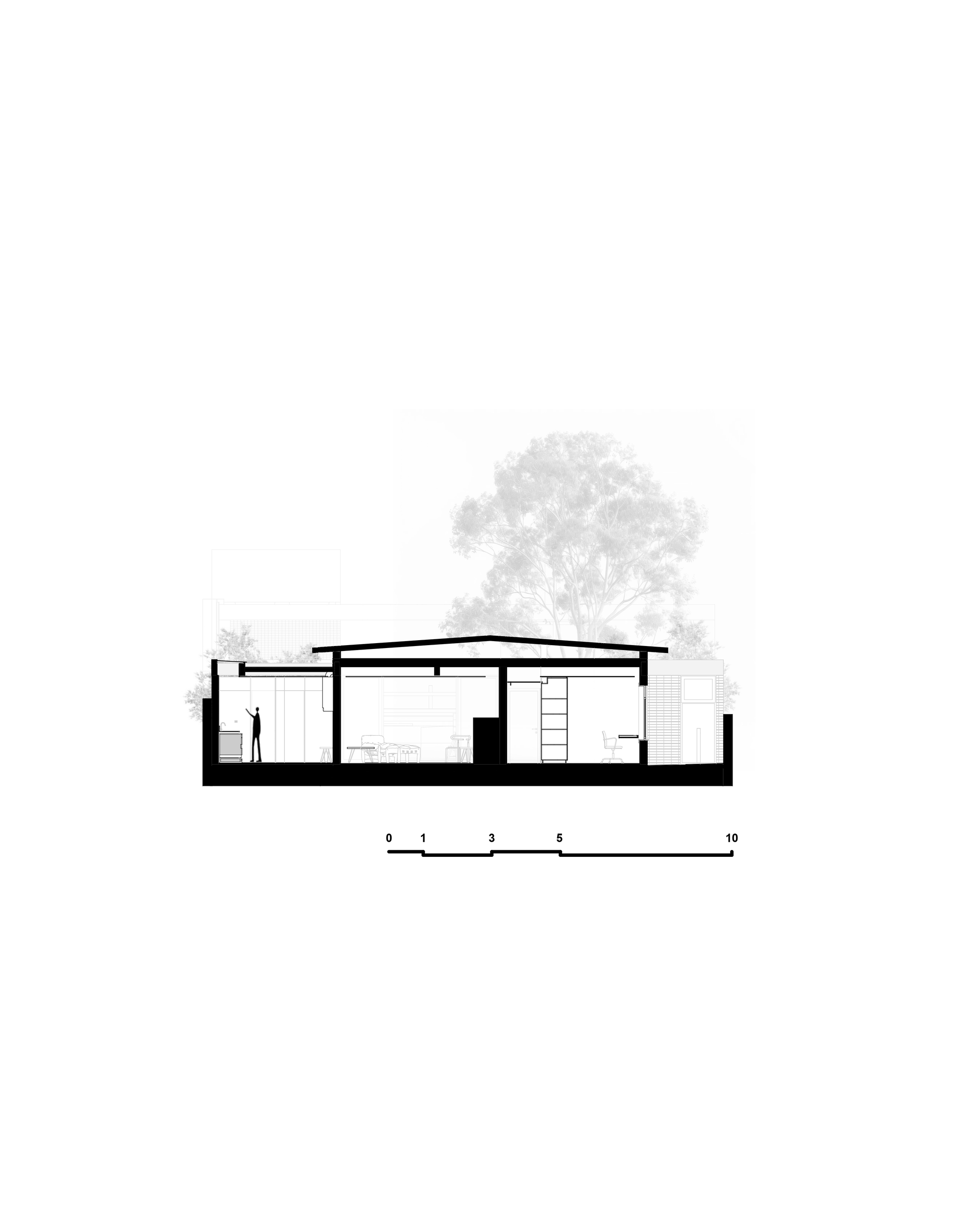 Cross section drawing of a single-storey house with a shallow pitched roof, interior rooms, a ladder, a standing figure and a large tree behind