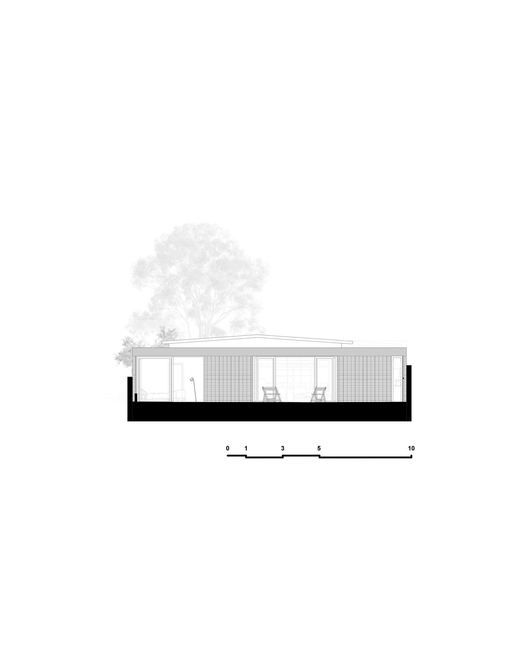 Section drawing of a single-storey house with a low pitched roof, glazed openings and two chairs on a porch, with a eucalyptus tree behind