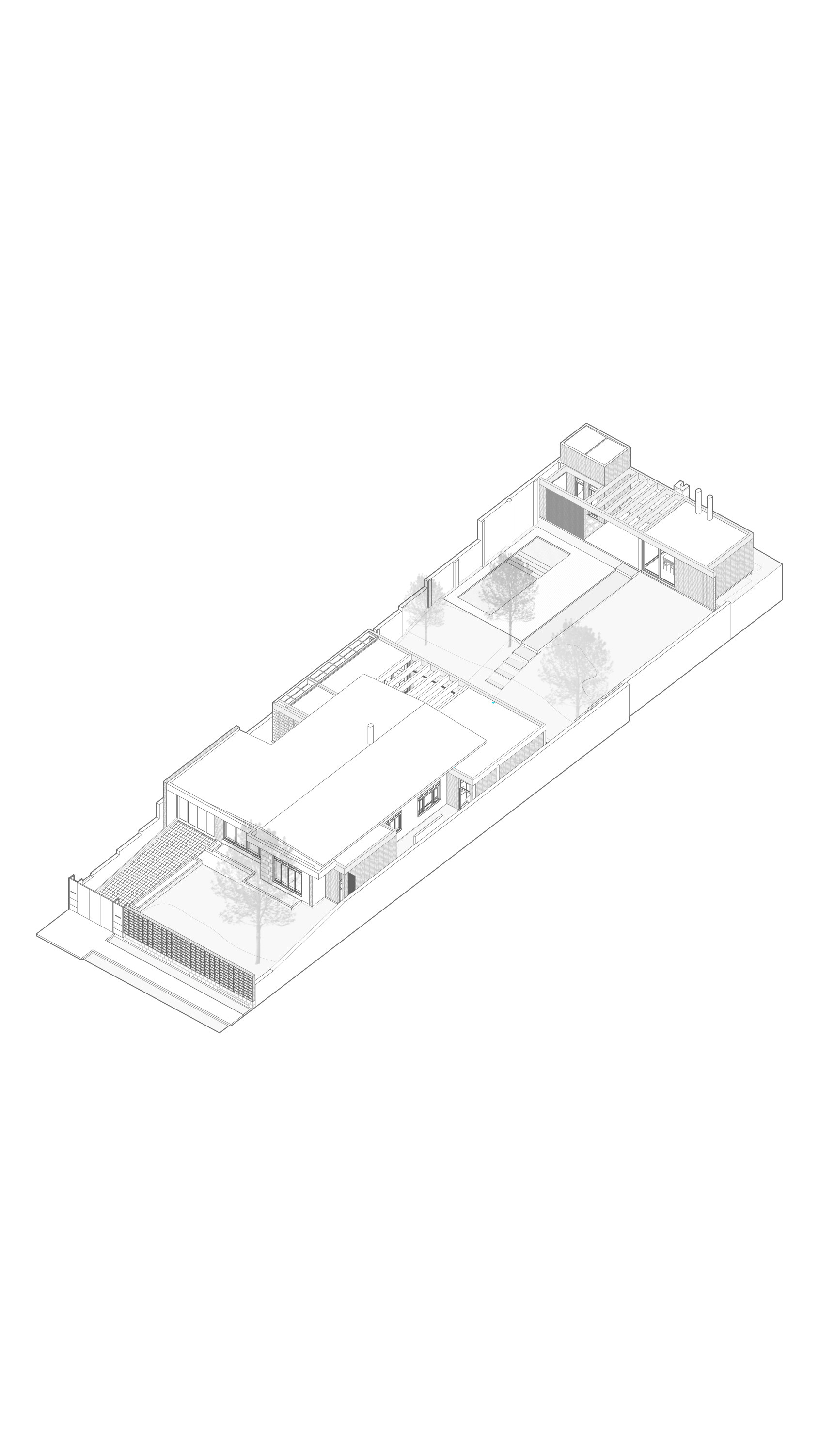 Axonometric drawing of a long narrow plot with a front house, central courtyard with trees, and a rear pavilion