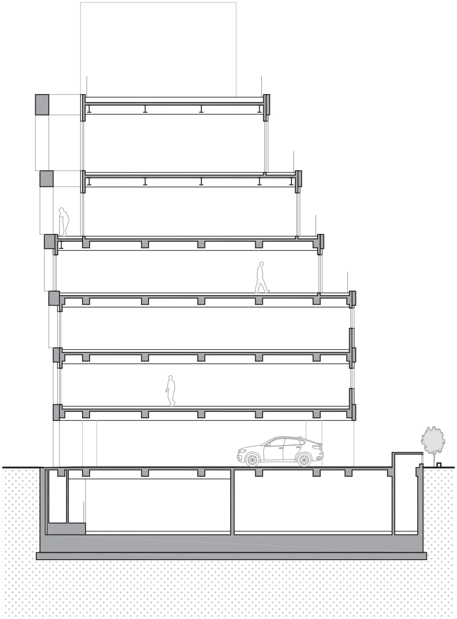 Section drawing of a stepped six-storey block over a basement, with a car at street level and figures on floors