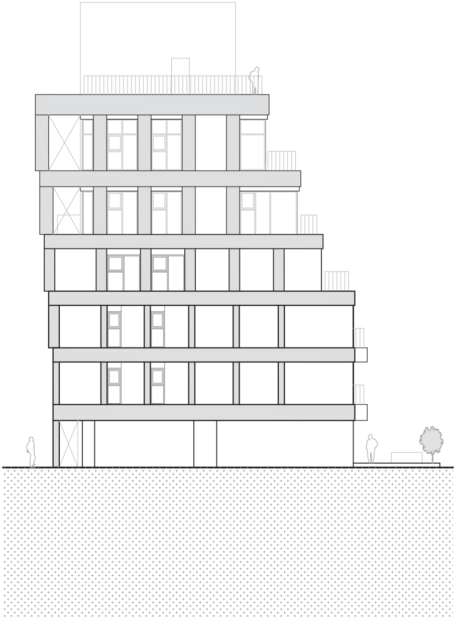 Elevation drawing of the stepped facade with deep slab edges, column grid, balcony railings and small figures at ground level
