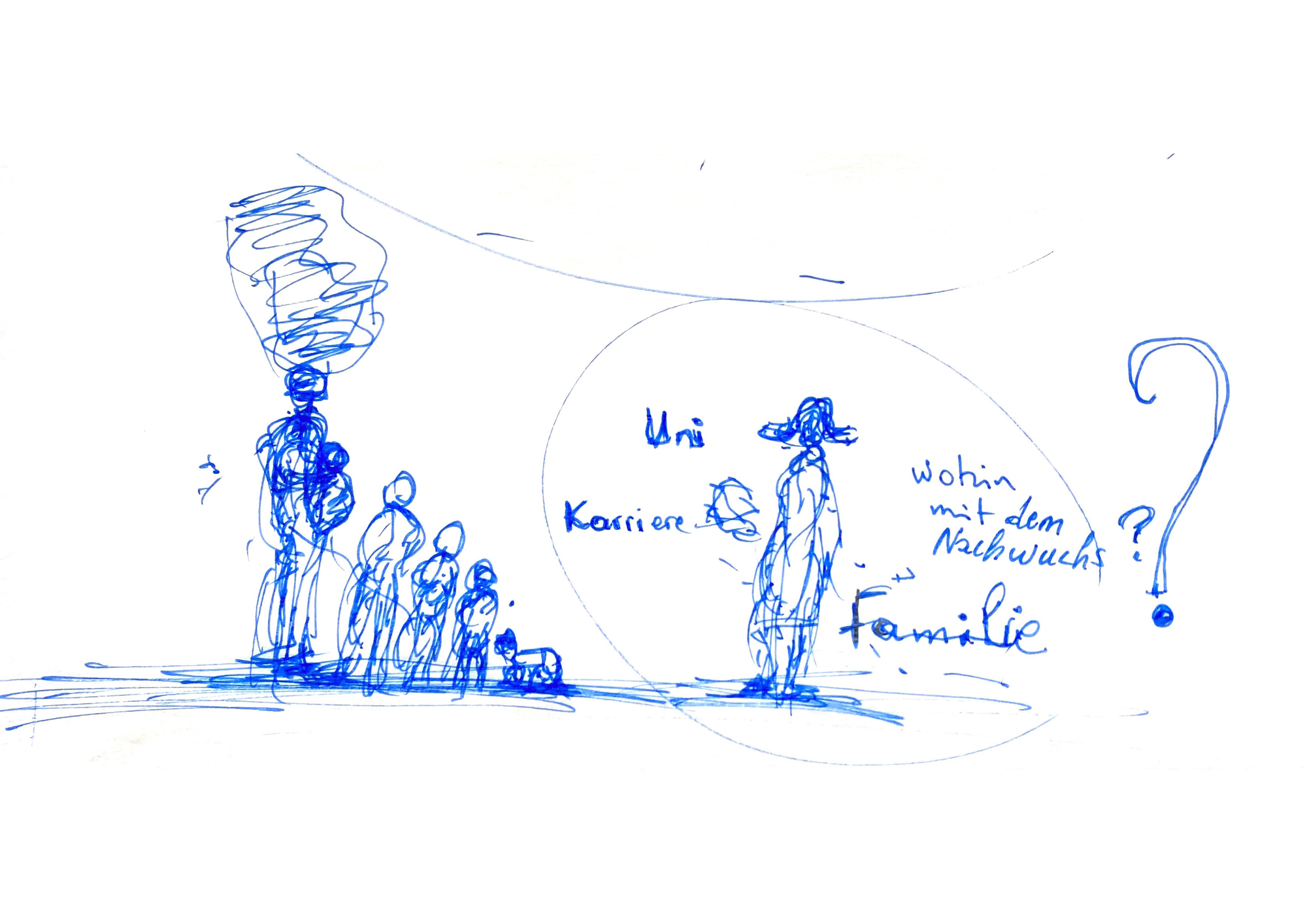 Hand-drawn blue ink sketch of a standing figure with a line of children and a dog, German notes about university, career and family