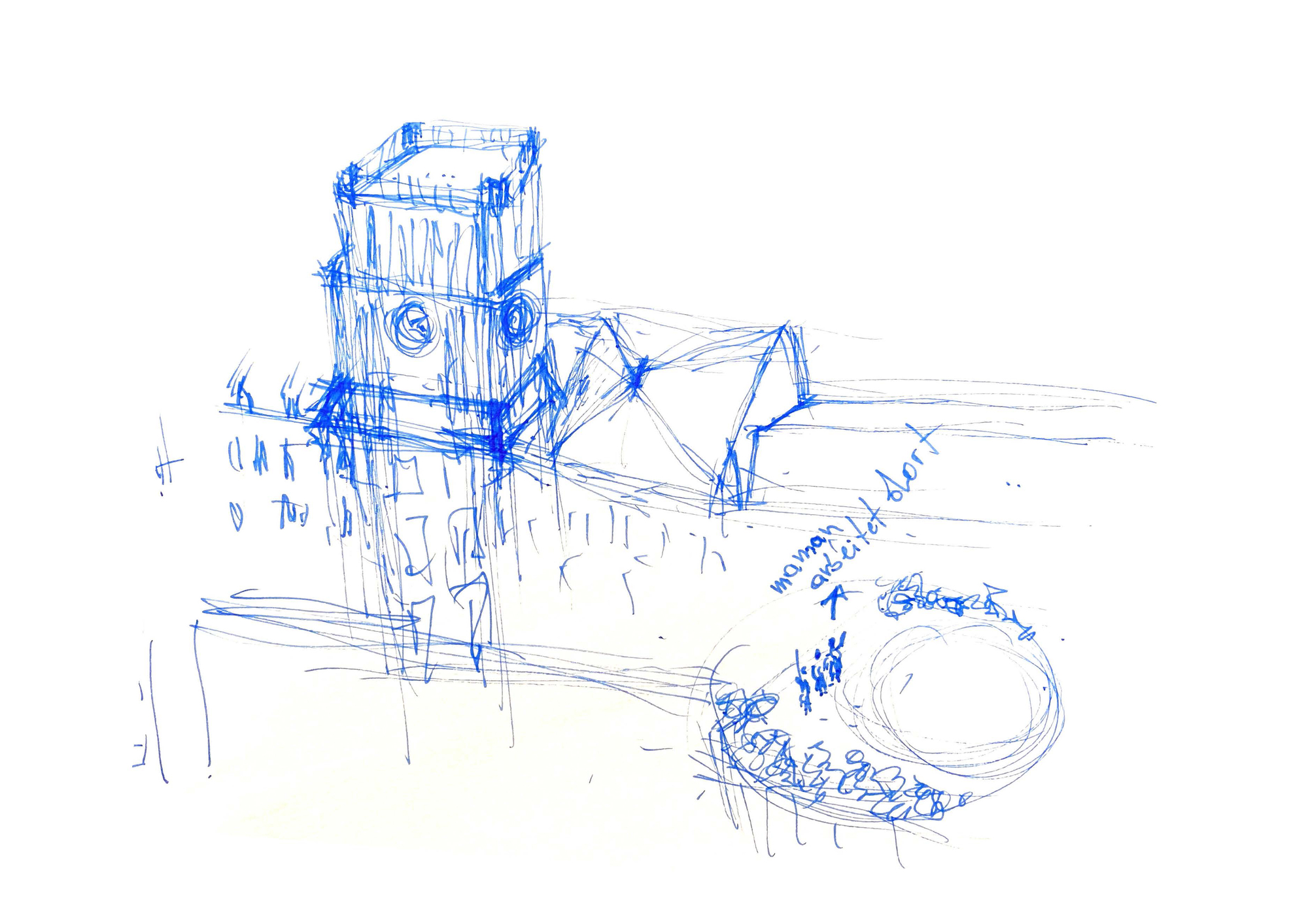 Hand sketch in blue pen of a boxy tower with round windows beside a tent-like roof and an oval planted bed