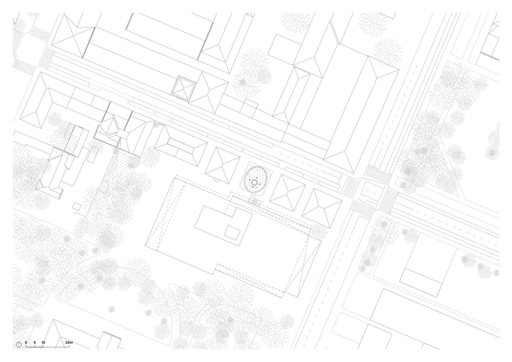 Site plan drawing showing hipped-roof buildings along a street, a small oval pavilion at the corner and surrounding tree canopy
