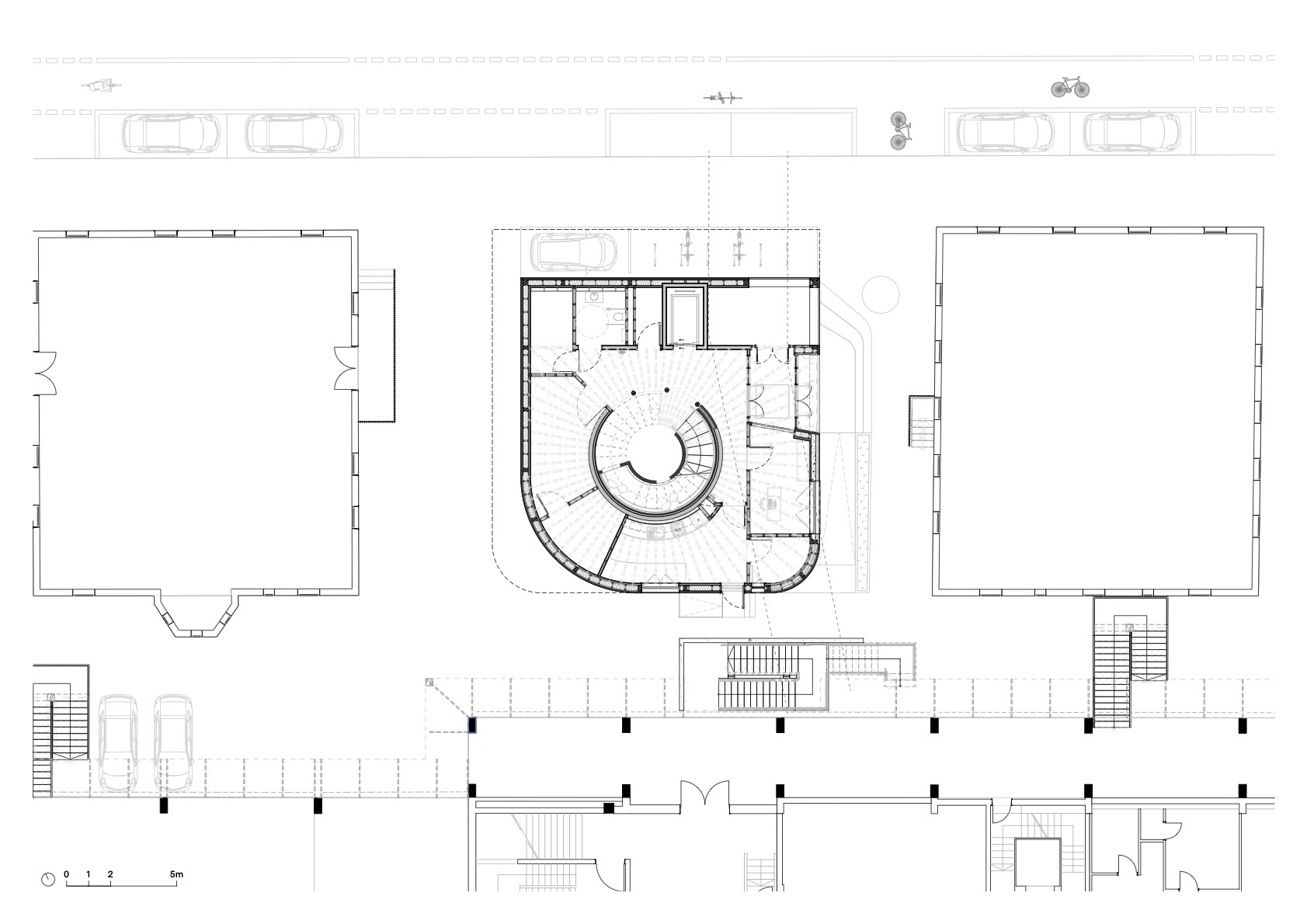 Ground floor plan drawing of a square volume with a curved corner, central spiral stair and parked cars along the street