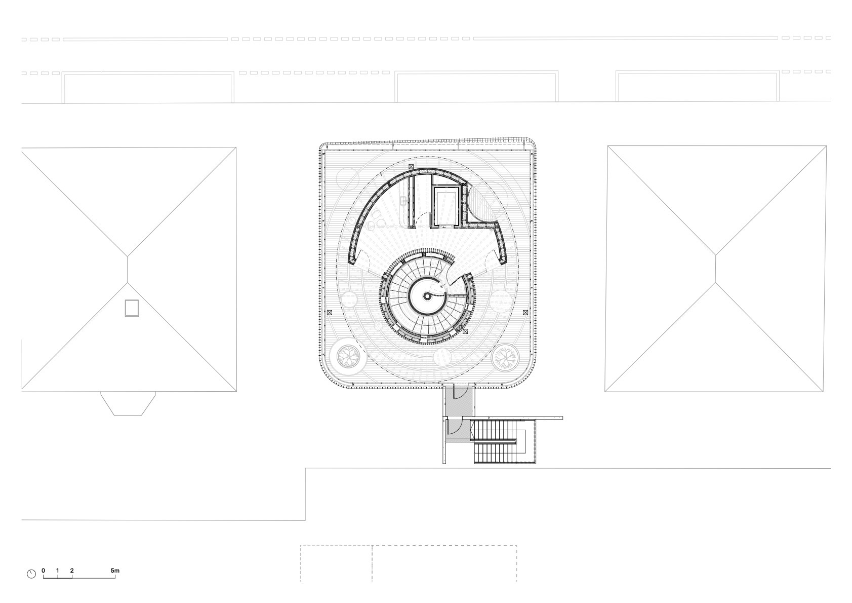 Plan drawing of the top level with a curved wall, spiral stair and an oval ring set inside a rounded square