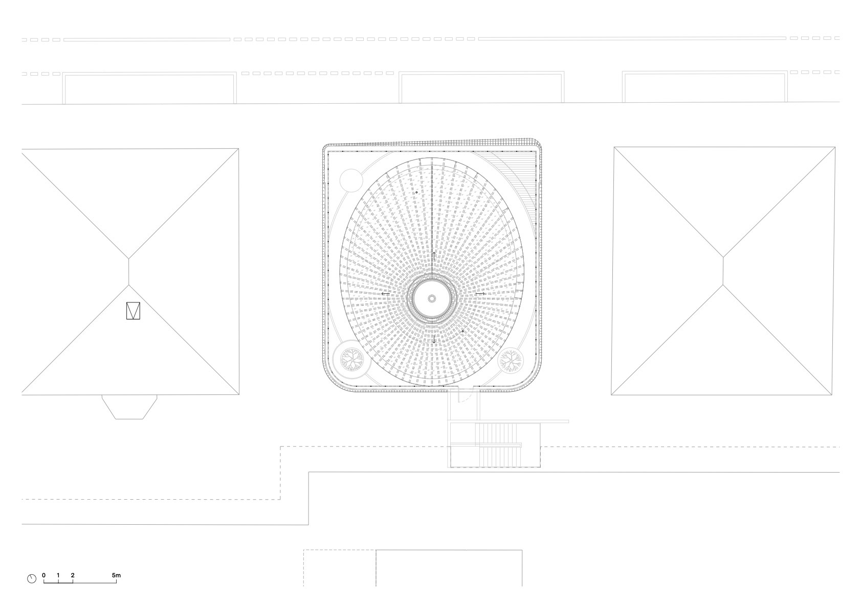 Roof plan drawing of an oval dome with radiating ribs and a central oculus between two pyramidal roofs