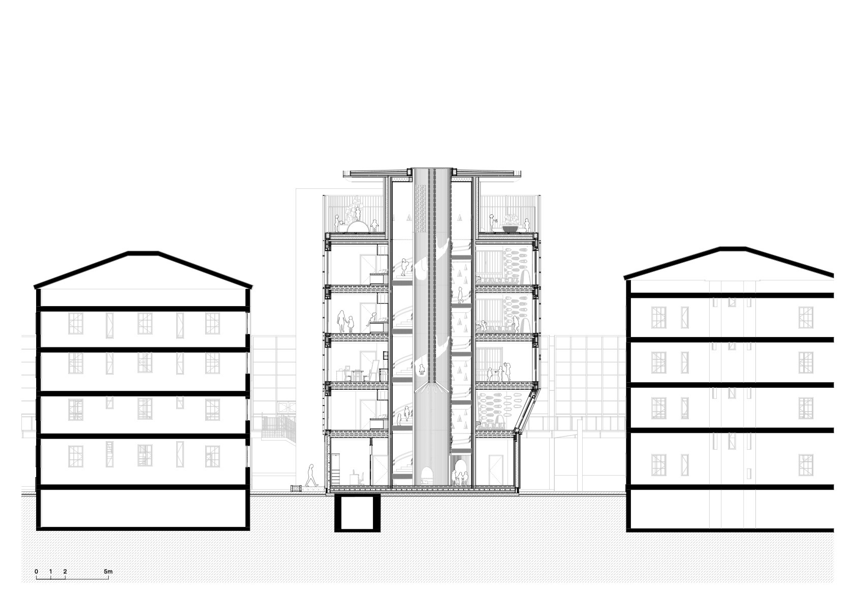 Cross-section drawing of a slim six-storey building with a central full-height void, set between two gabled neighbours with figures on each floor