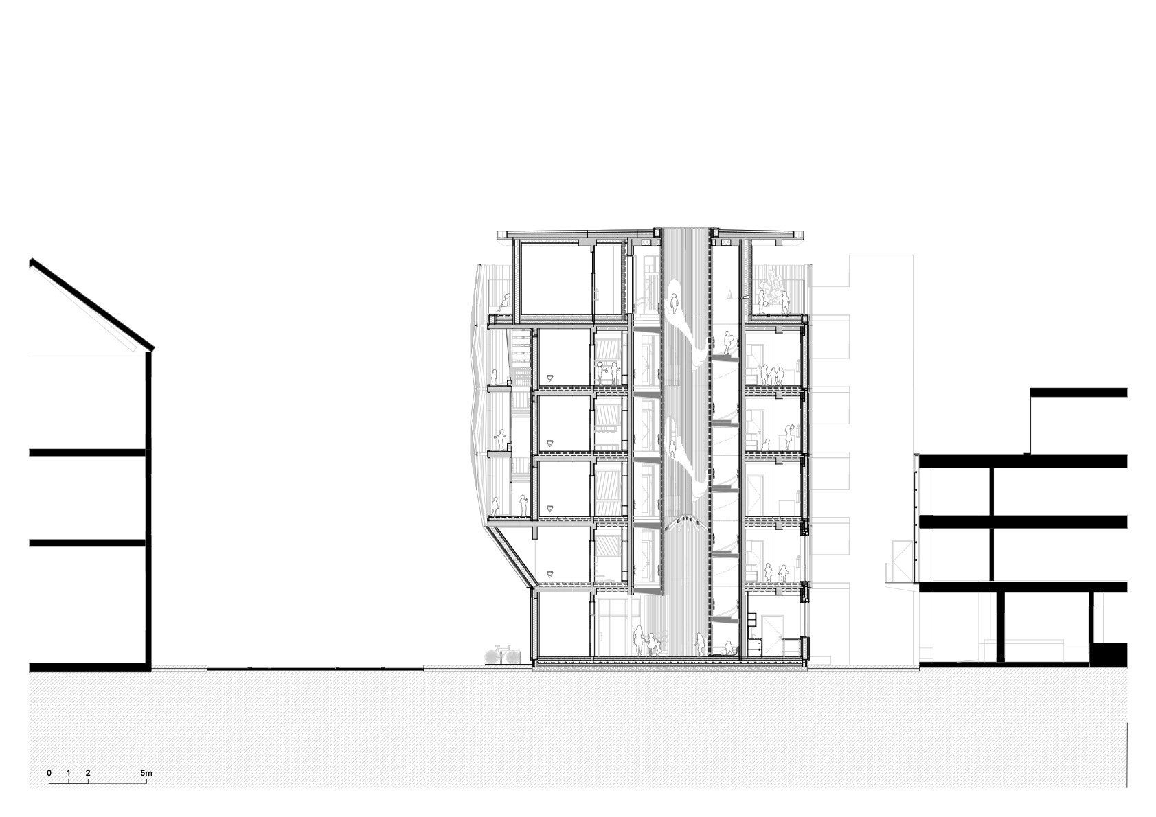 Longitudinal section drawing showing stacked floors on both sides of a tall central shaft, with a curved facade on the left and low neighbours either side