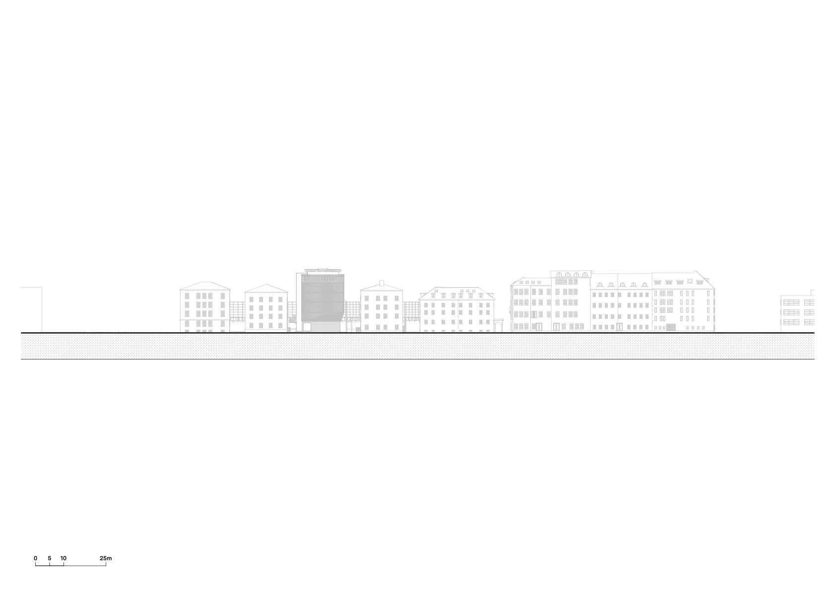 Street elevation drawing of a continuous row of historic townhouses with one darker, vertically ribbed tower inserted among them