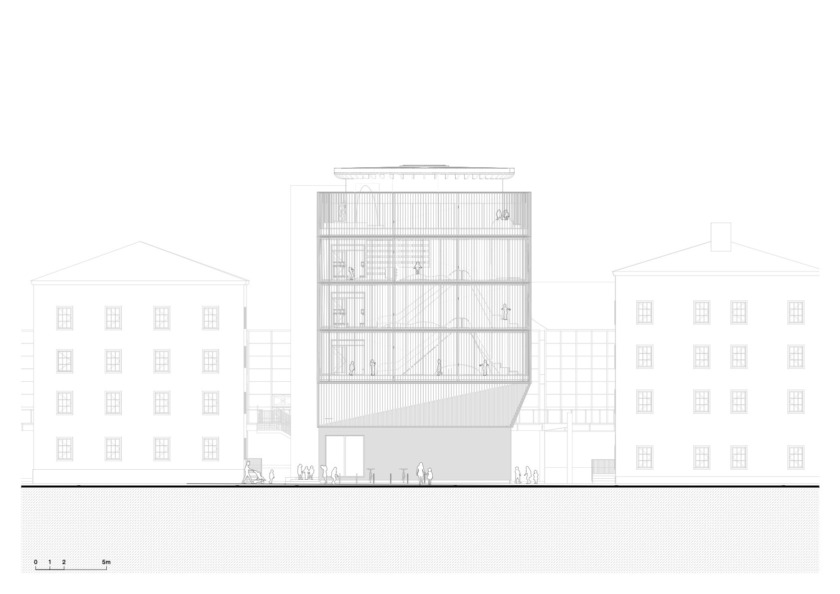 Elevation drawing of a glazed tower with slatted facade and rooftop canopy, with people gathered at street level between two masonry neighbours