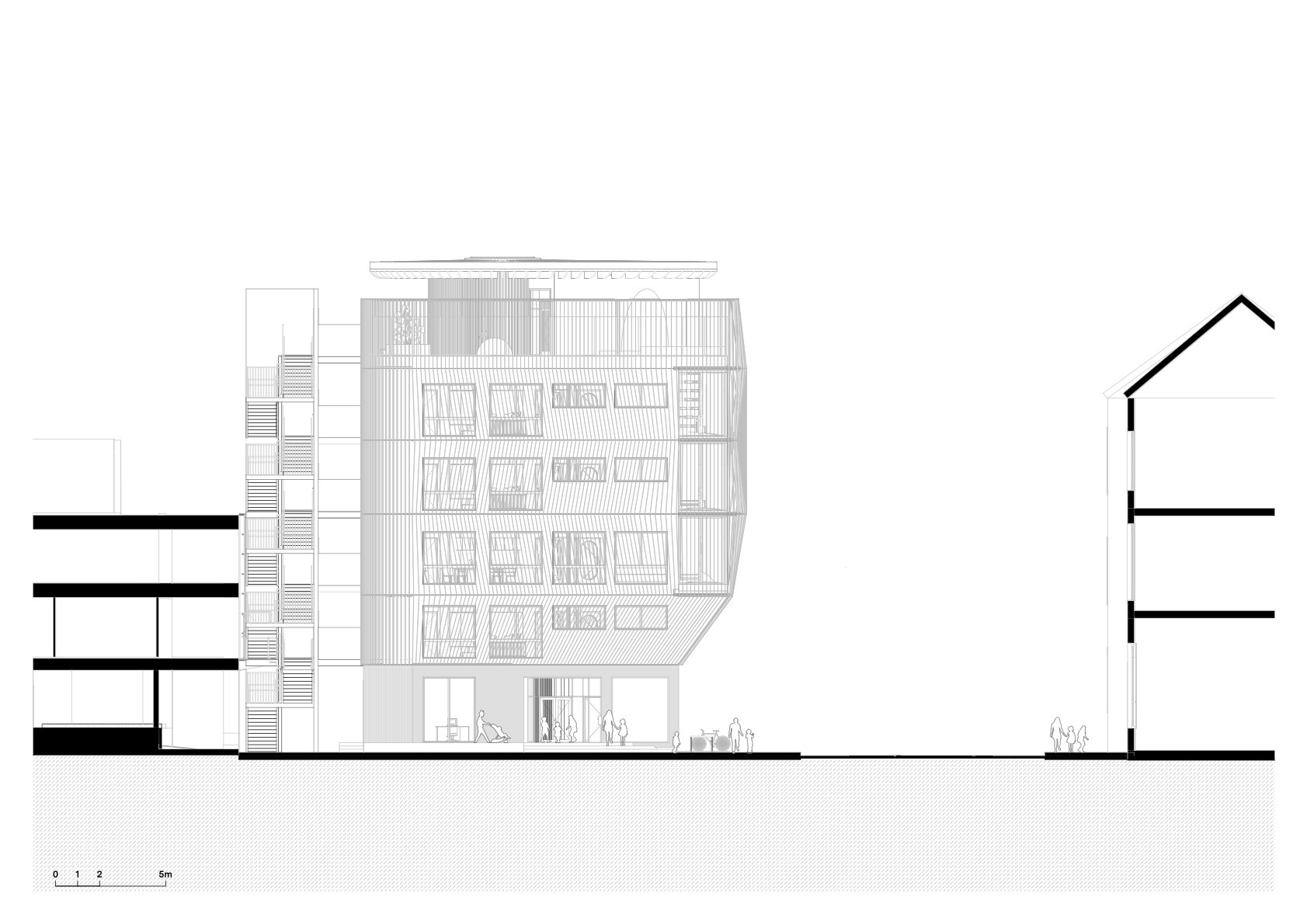 Elevation drawing of a five-storey building with a curved side, paired windows, rooftop terrace and an external stair tower beside it