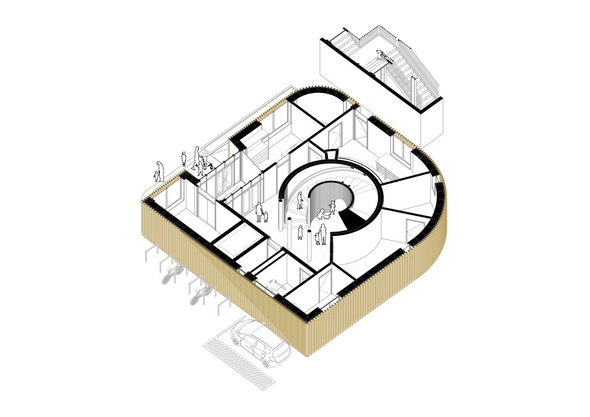 Axonometric cutaway drawing of a D-shaped floor plan with a central spiral stair, timber slat facade, bicycles and a parked car outside