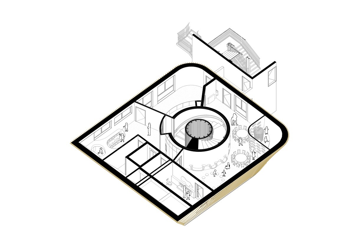 Axonometric floor plan drawing of a lower level with a circular spiral stair core, enclosed rooms and small figures standing about
