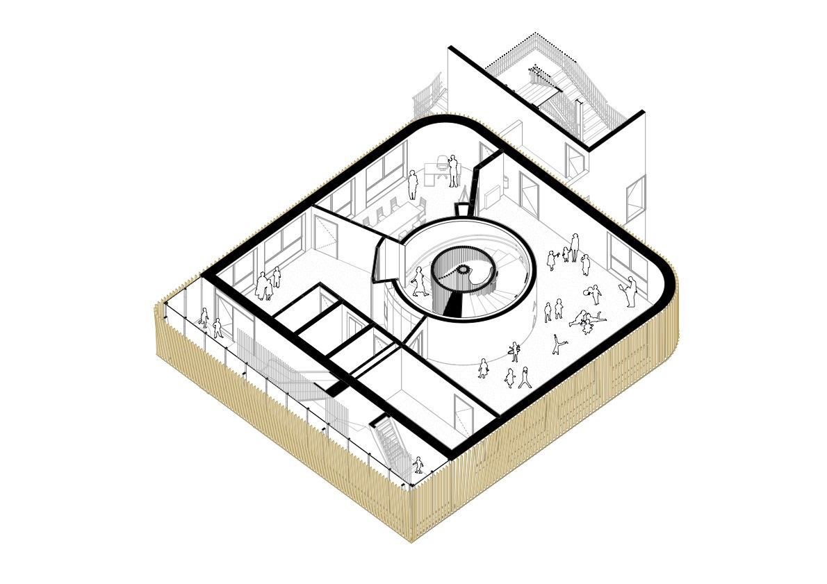 Axonometric cutaway drawing of a level wrapped in vertical timber slats, with a central spiral stair and children playing