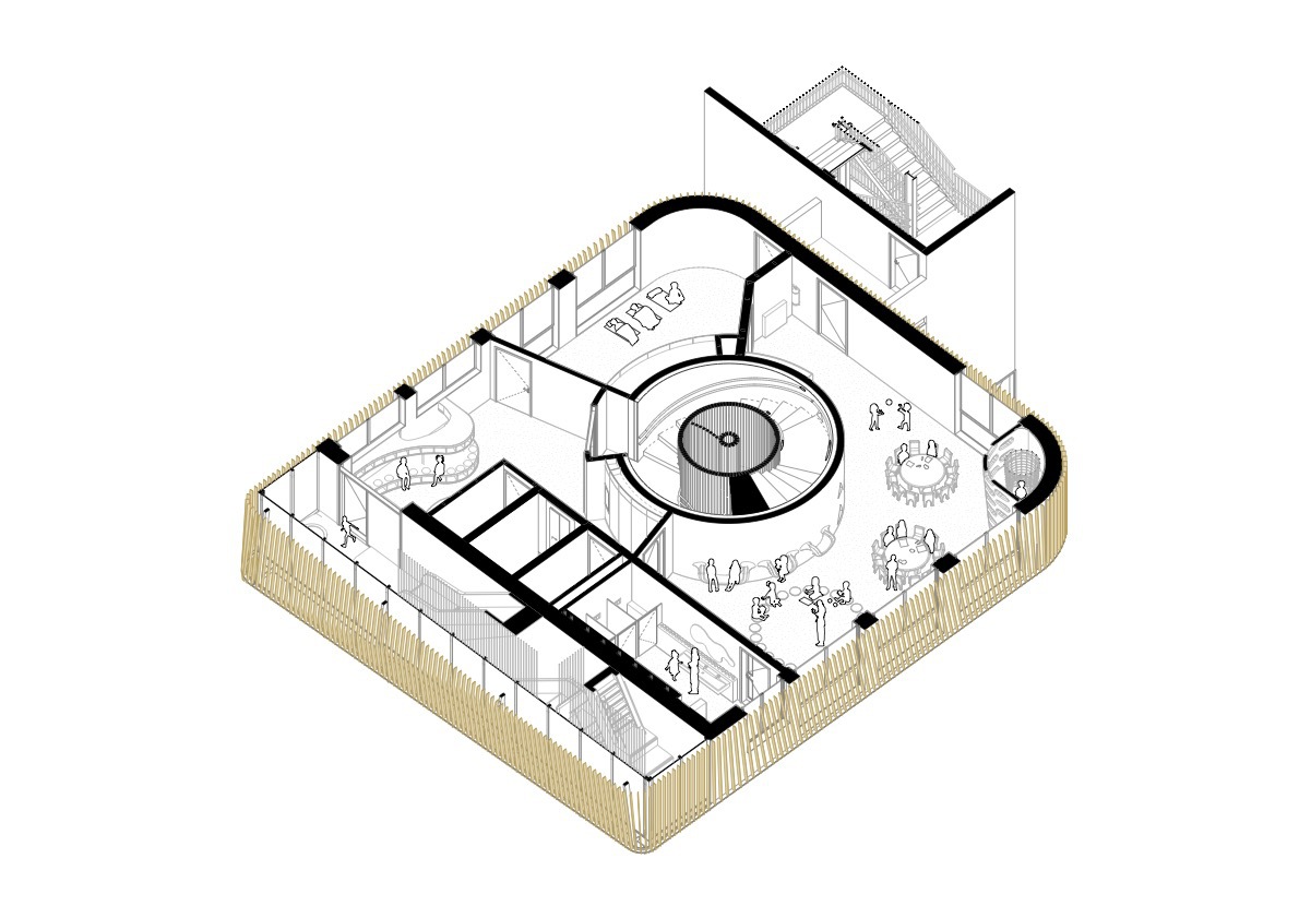 Axonometric drawing of a slatted timber-clad floor with a round stair core, round tables, a curved bench and scattered figures